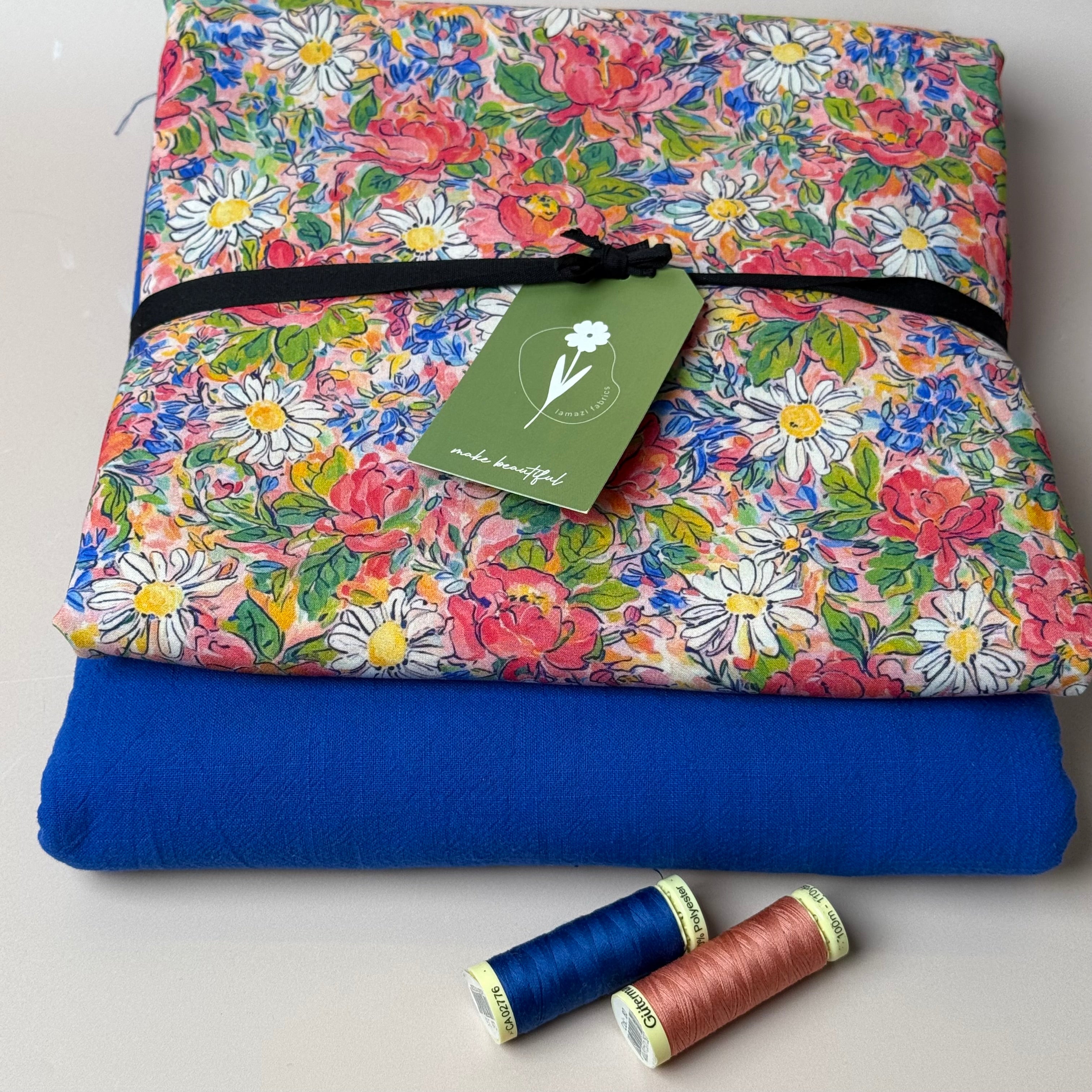 Make an Outfit Colour Bundle - Daisies in Filed Viscose with Cobalt Washed Cotton