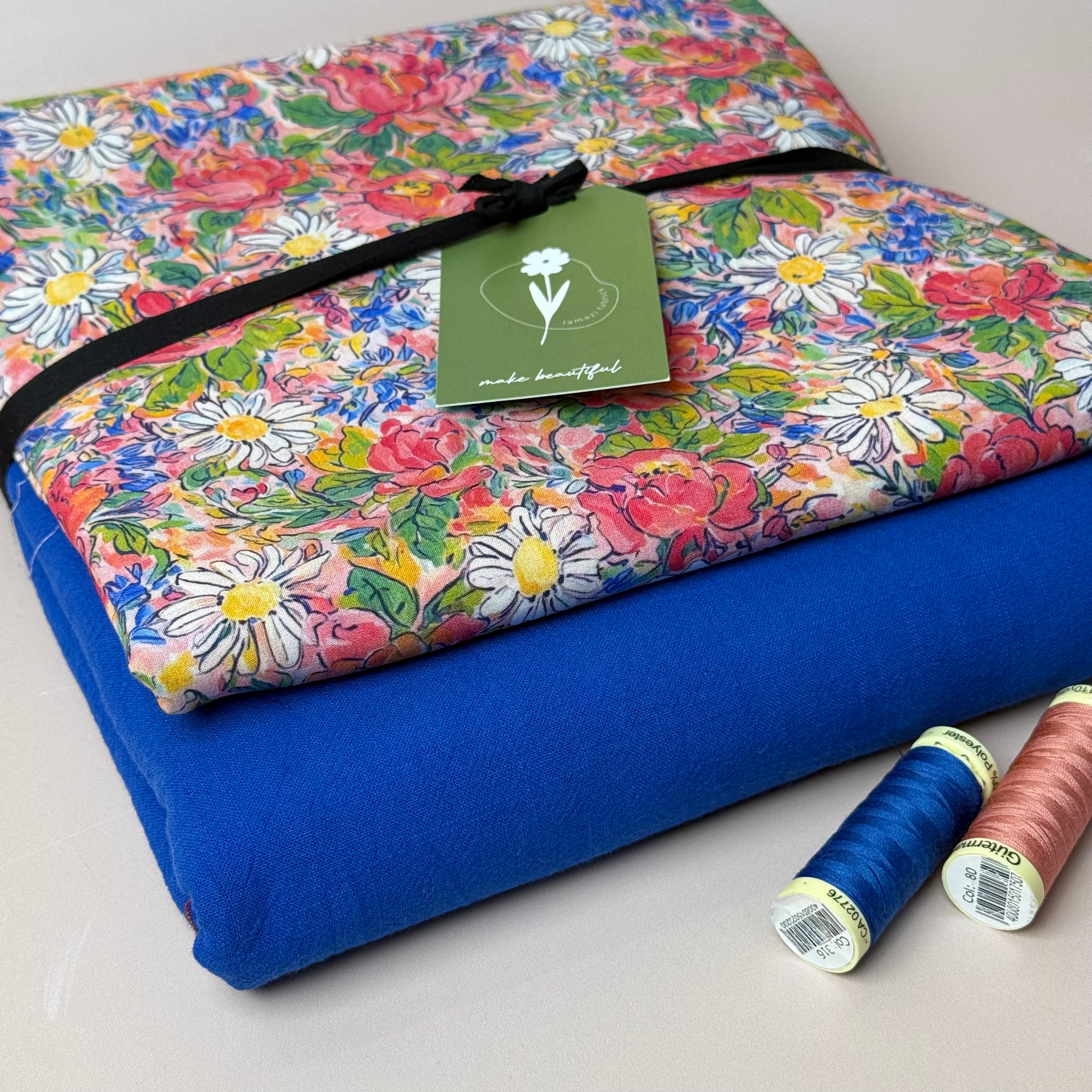 Make an Outfit Colour Bundle - Daisies in Filed Viscose with Cobalt Washed Cotton