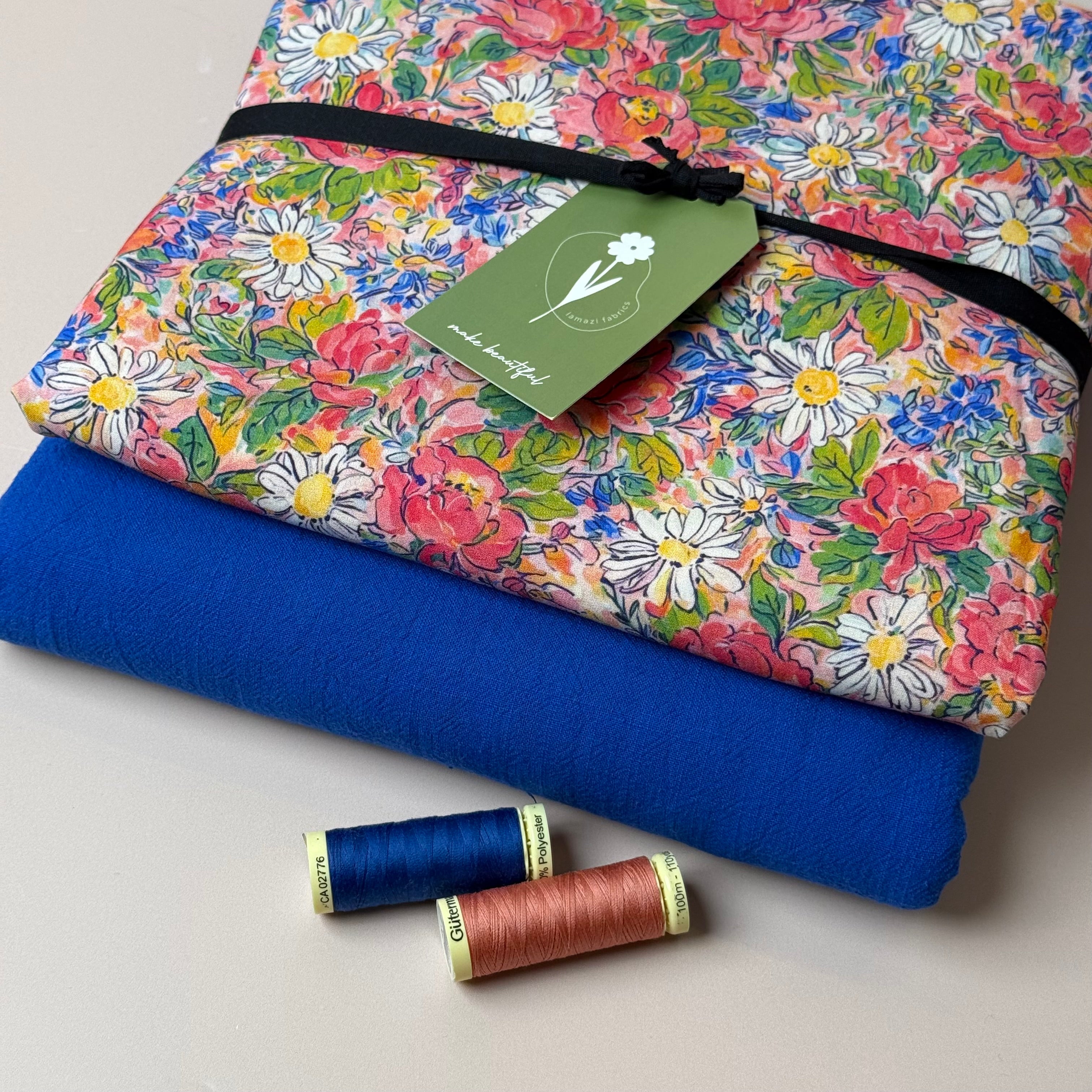 Make an Outfit Colour Bundle - Daisies in Filed Viscose with Cobalt Washed Cotton