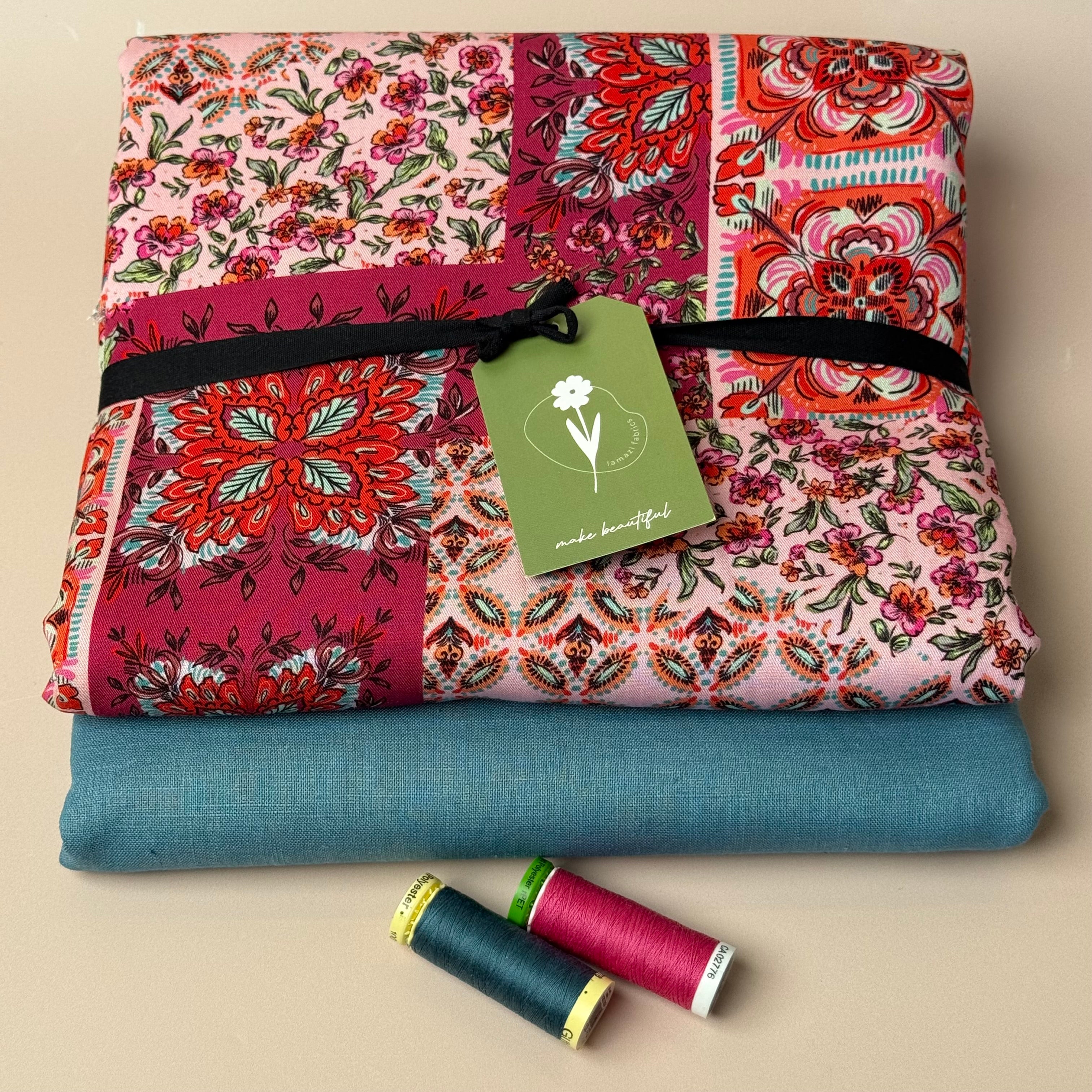 Make an Outfit Colour Bundle - Vintage Patchwork Berry Viscose Twill with Breeze LIGHT Petrol Linen