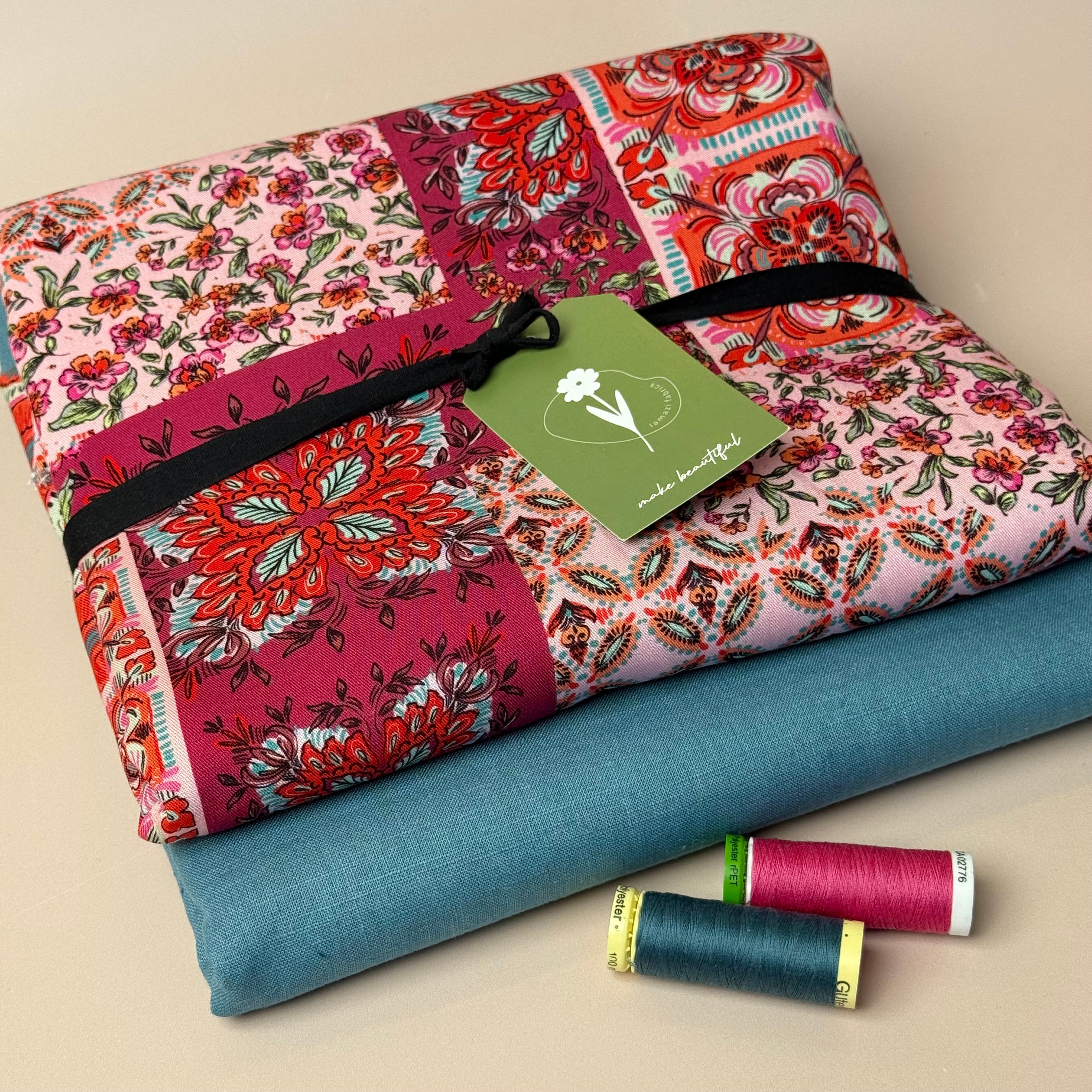 Make an Outfit Colour Bundle - Vintage Patchwork Berry Viscose Twill with Breeze LIGHT Petrol Linen