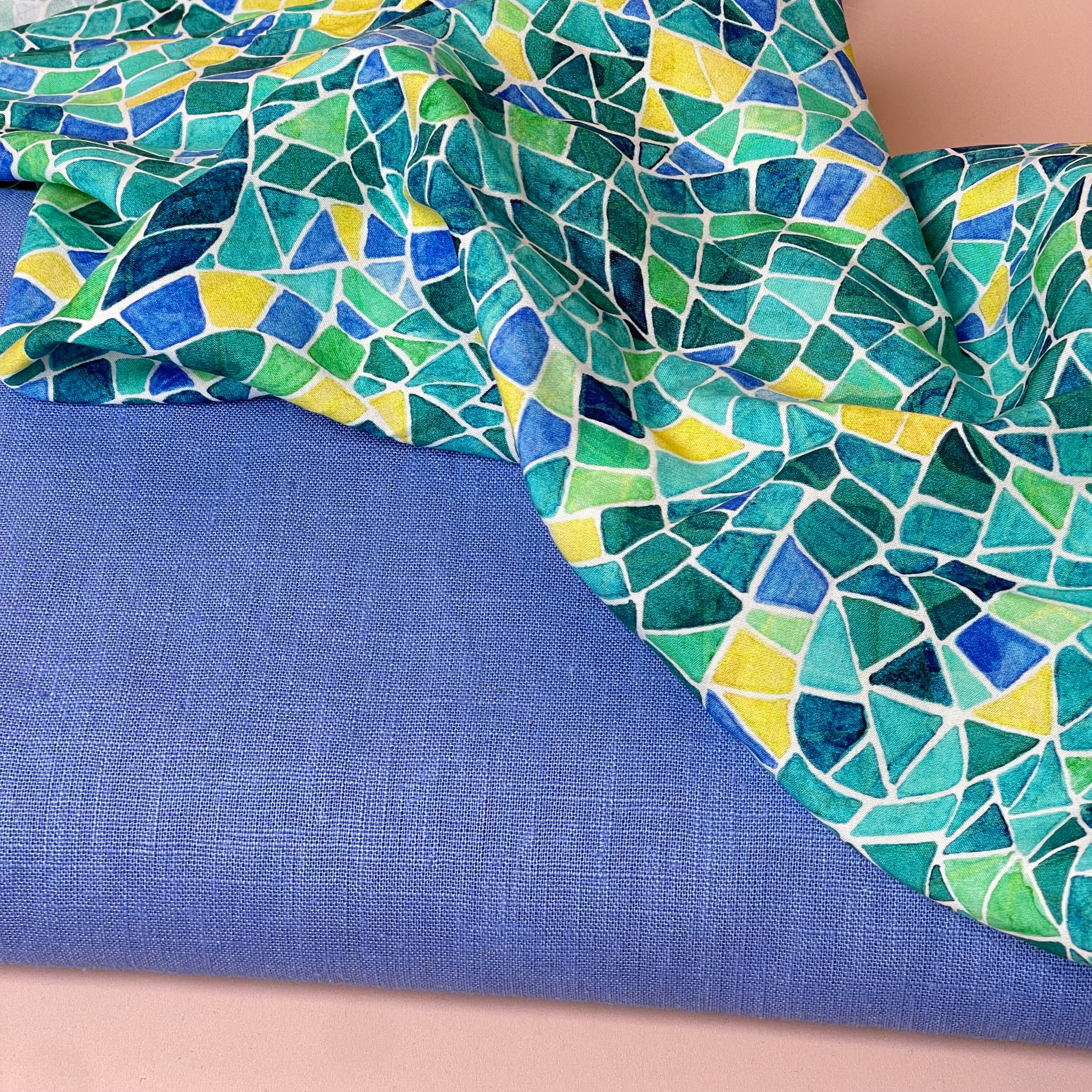 Make An Outfit Colour Bundle and Sewing Kit - Regalia Blouse in Emerald Mosaics and Spring Trousers in Sky Haze Linen