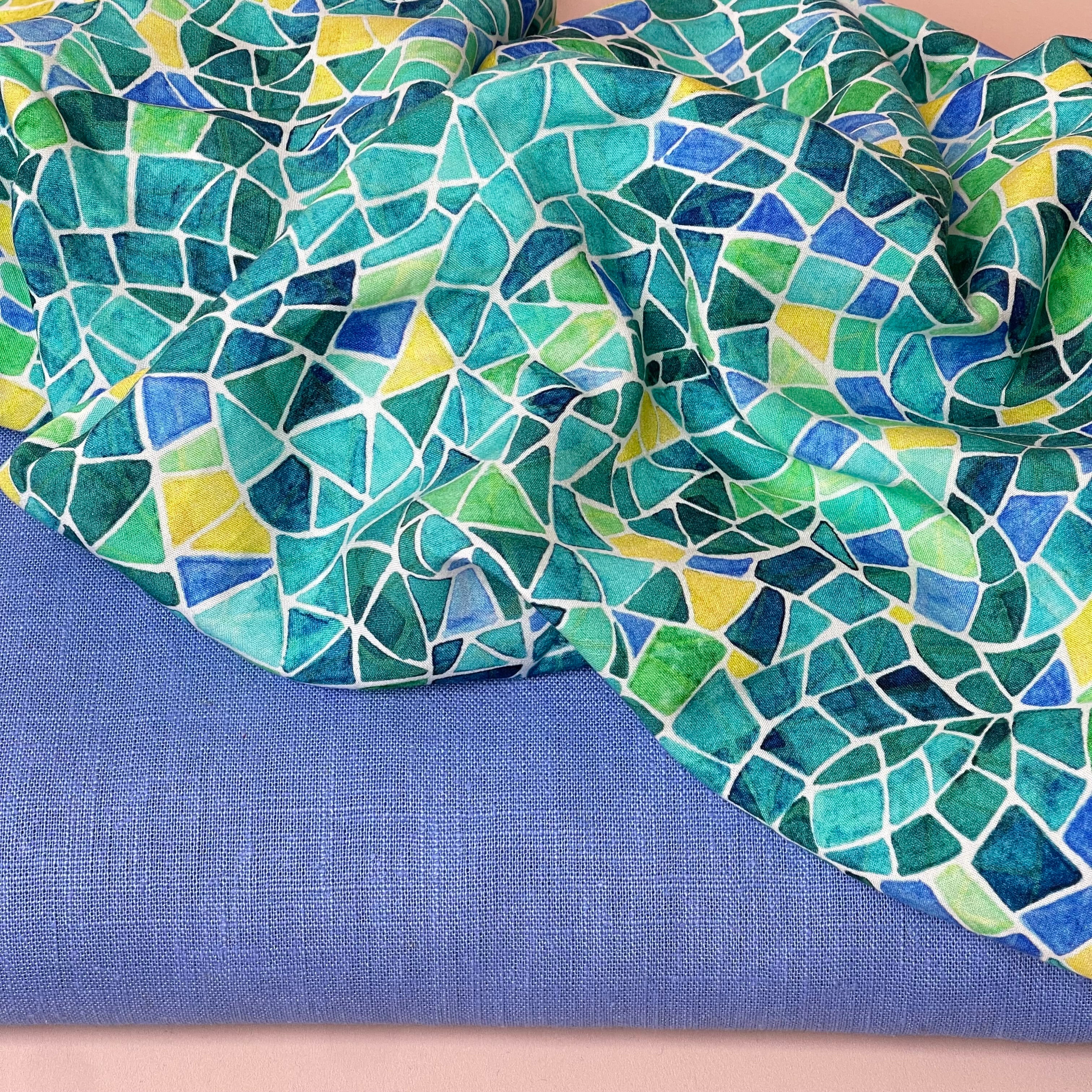 Make An Outfit Colour Bundle and Sewing Kit - Regalia Blouse in Emerald Mosaics and Spring Trousers in Sky Haze Linen