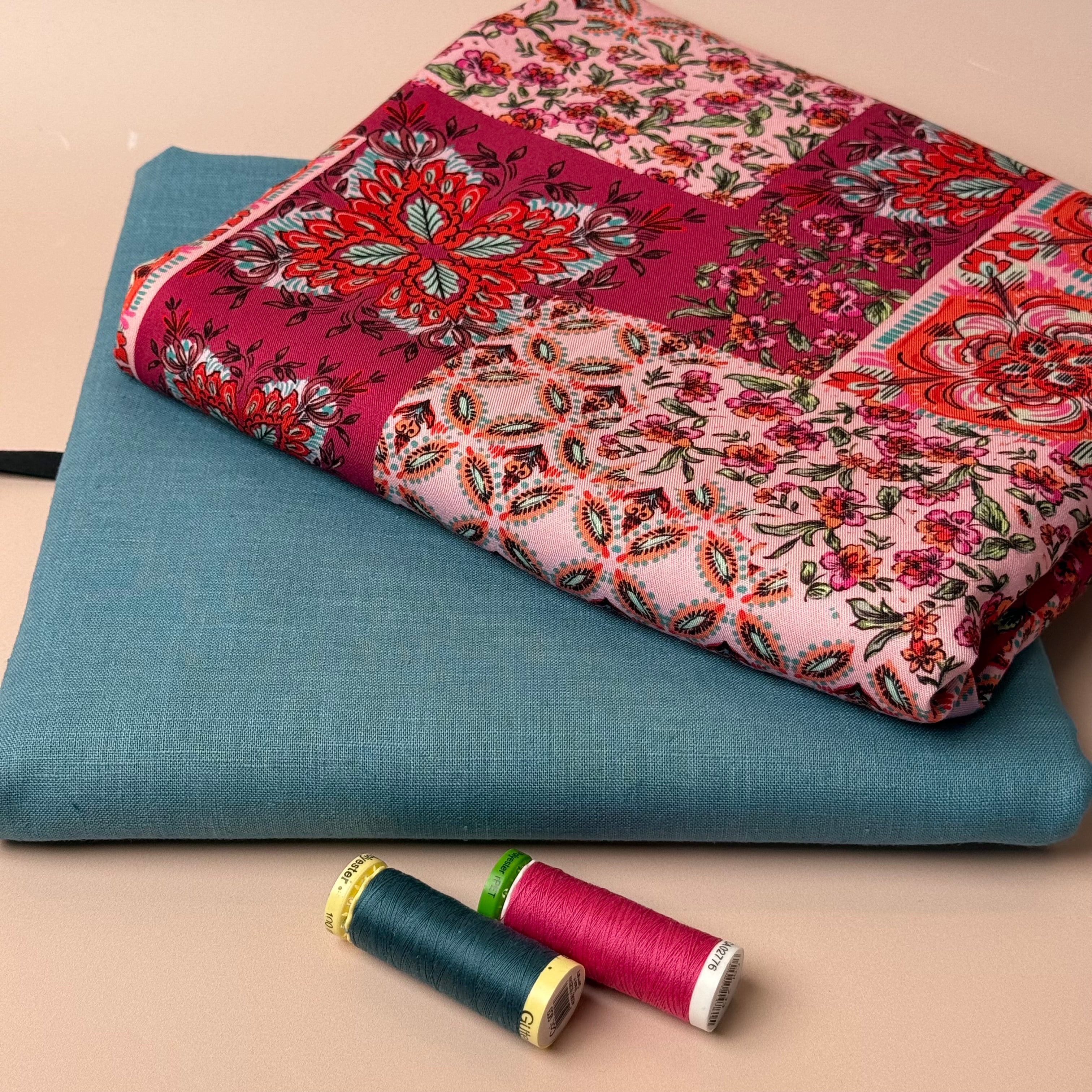 Make an Outfit Colour Bundle - Vintage Patchwork Berry Viscose Twill with Breeze LIGHT Petrol Linen