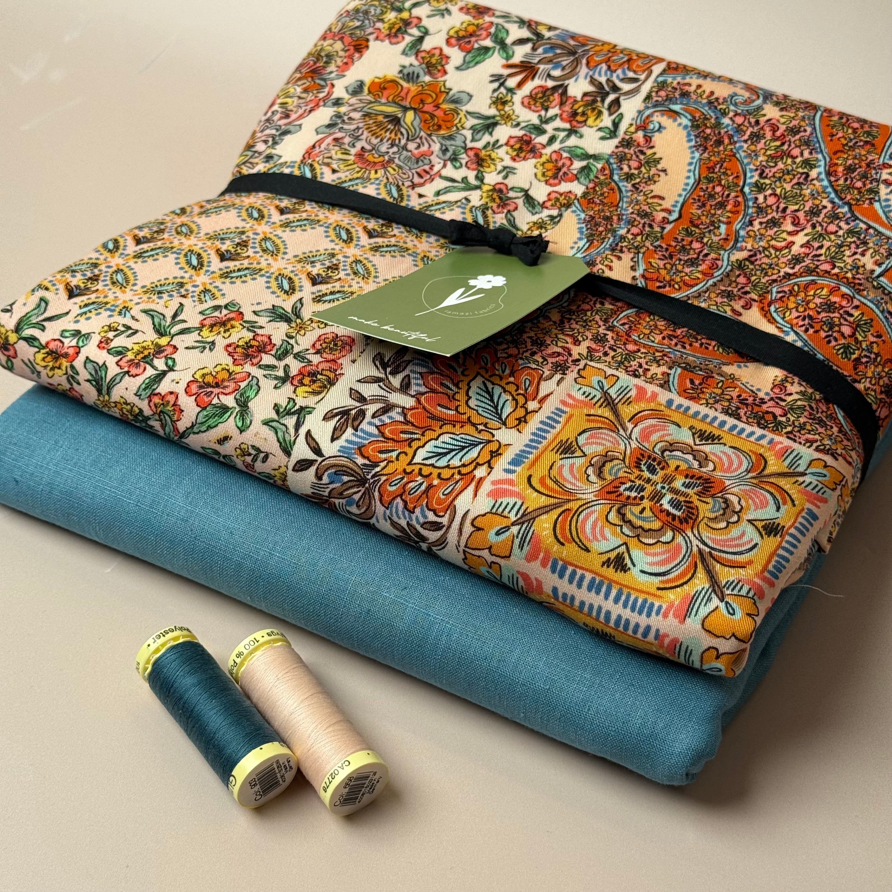 Make an Outfit Colour Bundle - Vintage Patchwork Canyon Clay Viscose Twill with Breeze LIGHT Petrol Linen