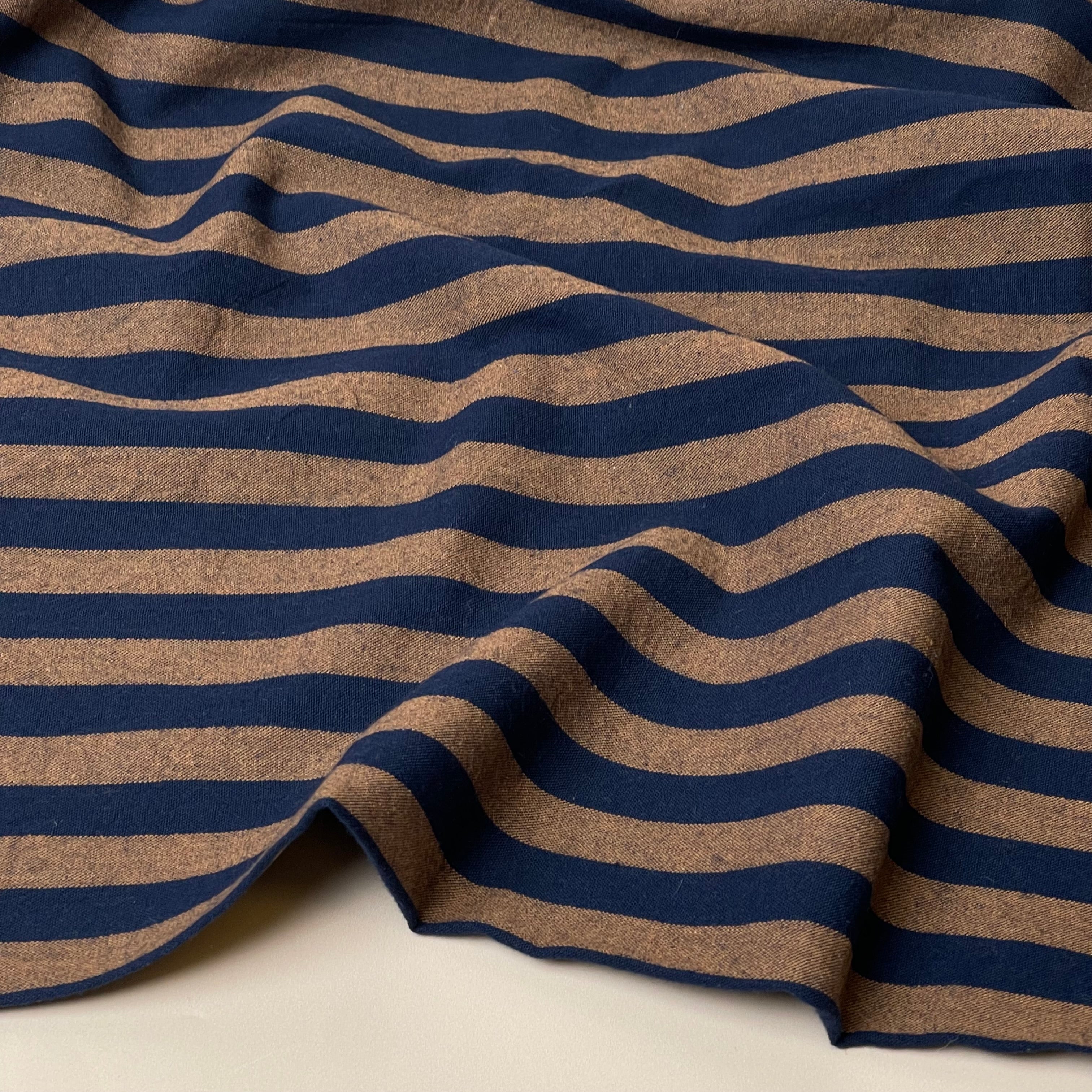 Yarn Dyed Brown and Navy Stripes Washed Cotton Fabric