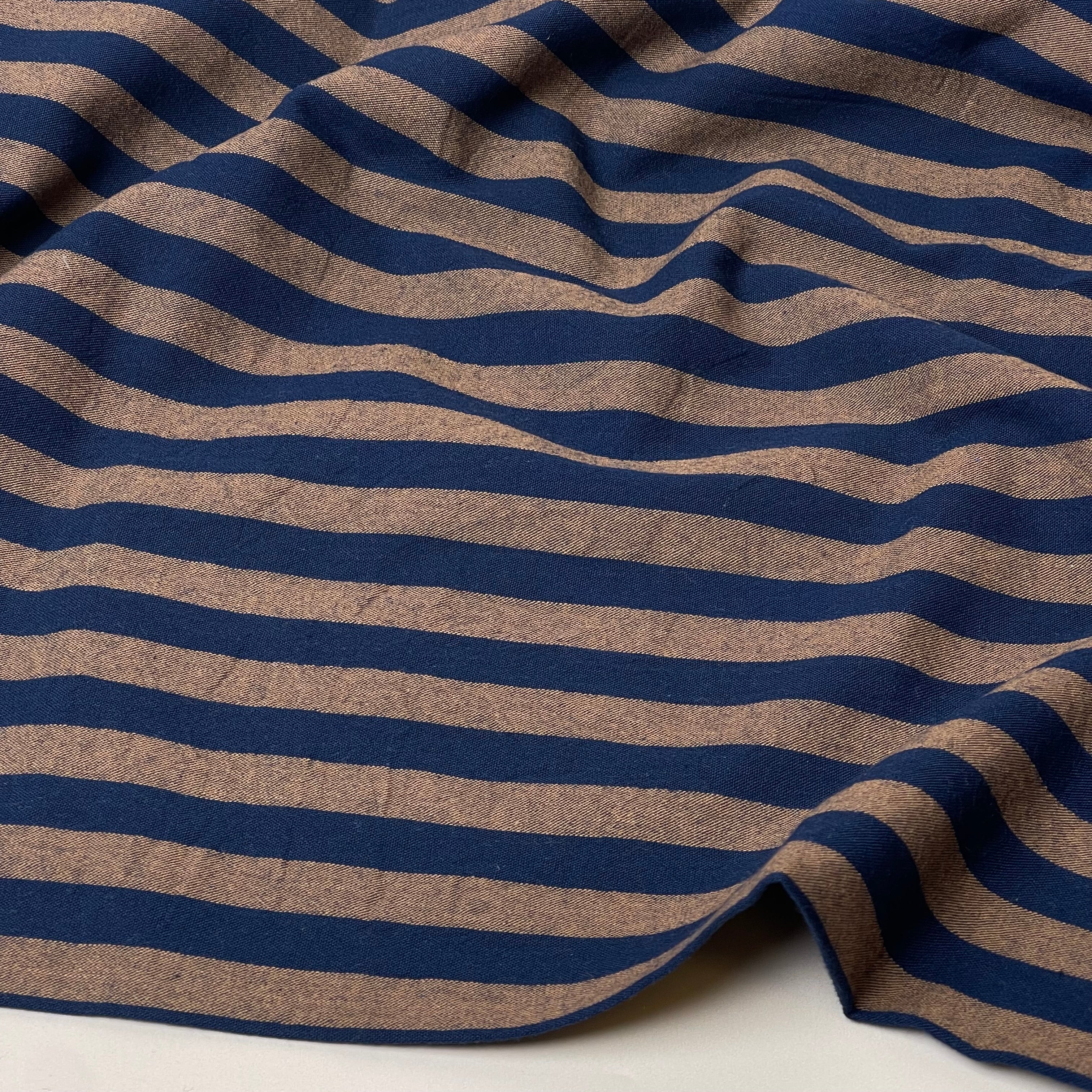 Yarn Dyed Brown and Navy Stripes Washed Cotton Fabric