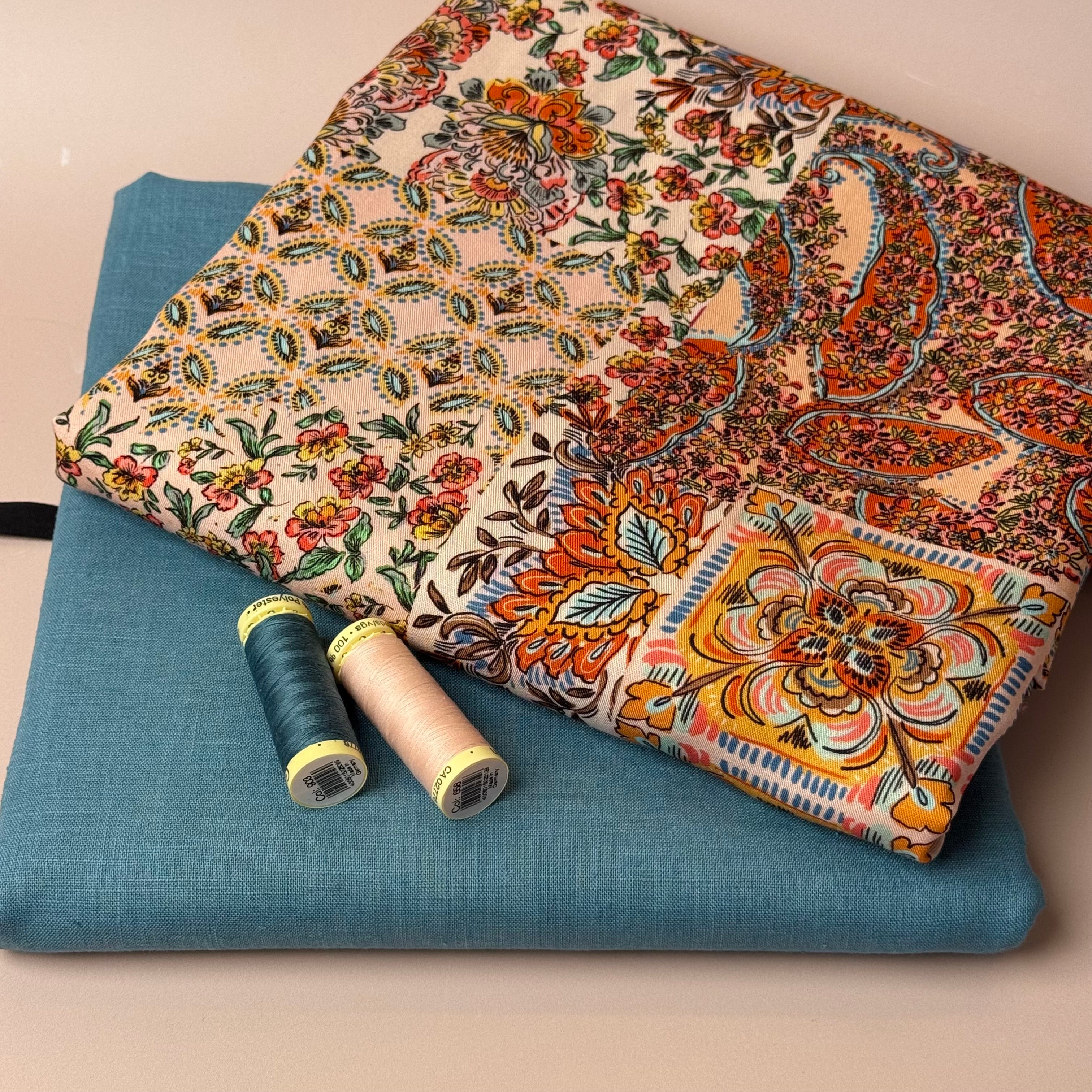 Make an Outfit Colour Bundle - Vintage Patchwork Canyon Clay Viscose Twill with Breeze LIGHT Petrol Linen
