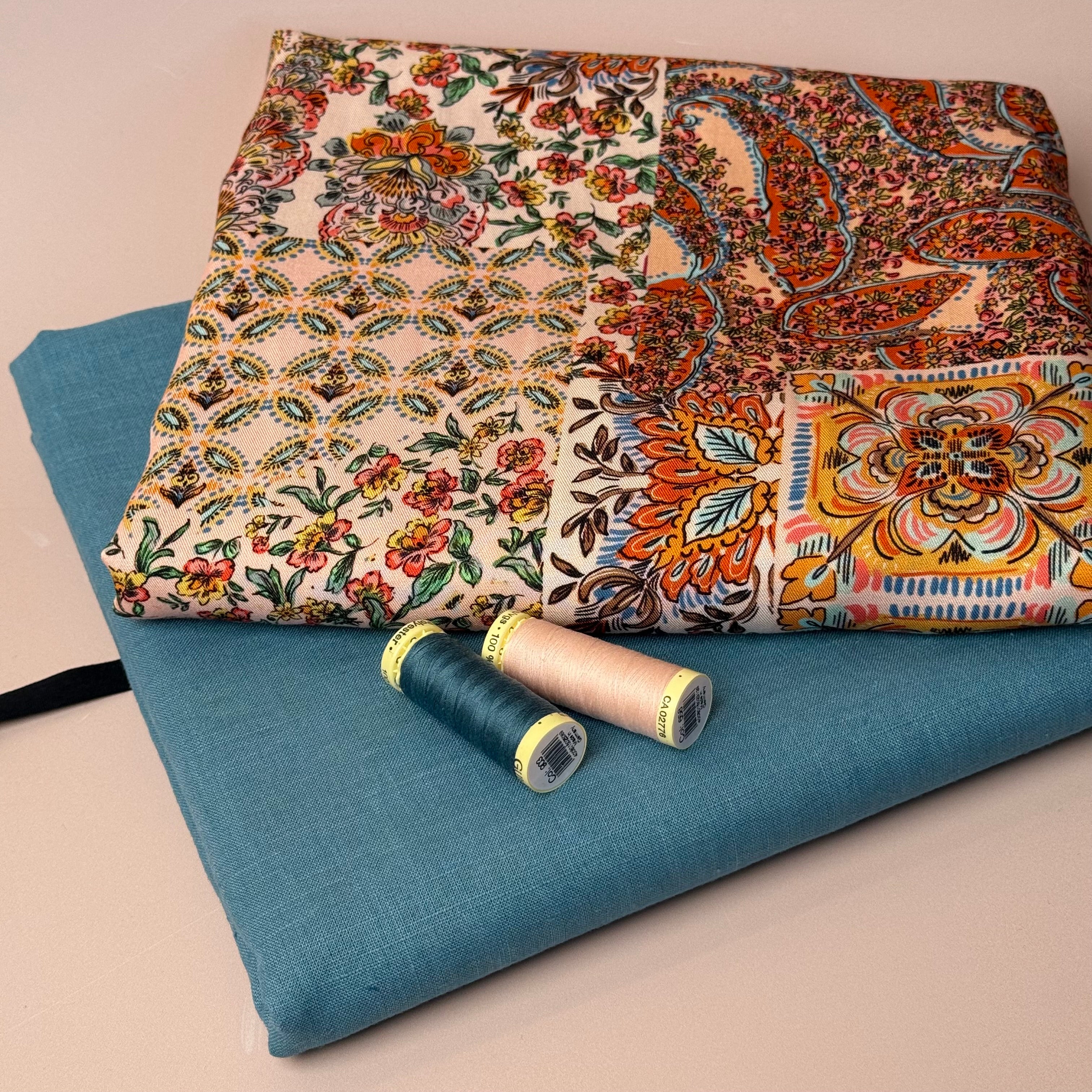 Make an Outfit Colour Bundle - Vintage Patchwork Canyon Clay Viscose Twill with Breeze LIGHT Petrol Linen