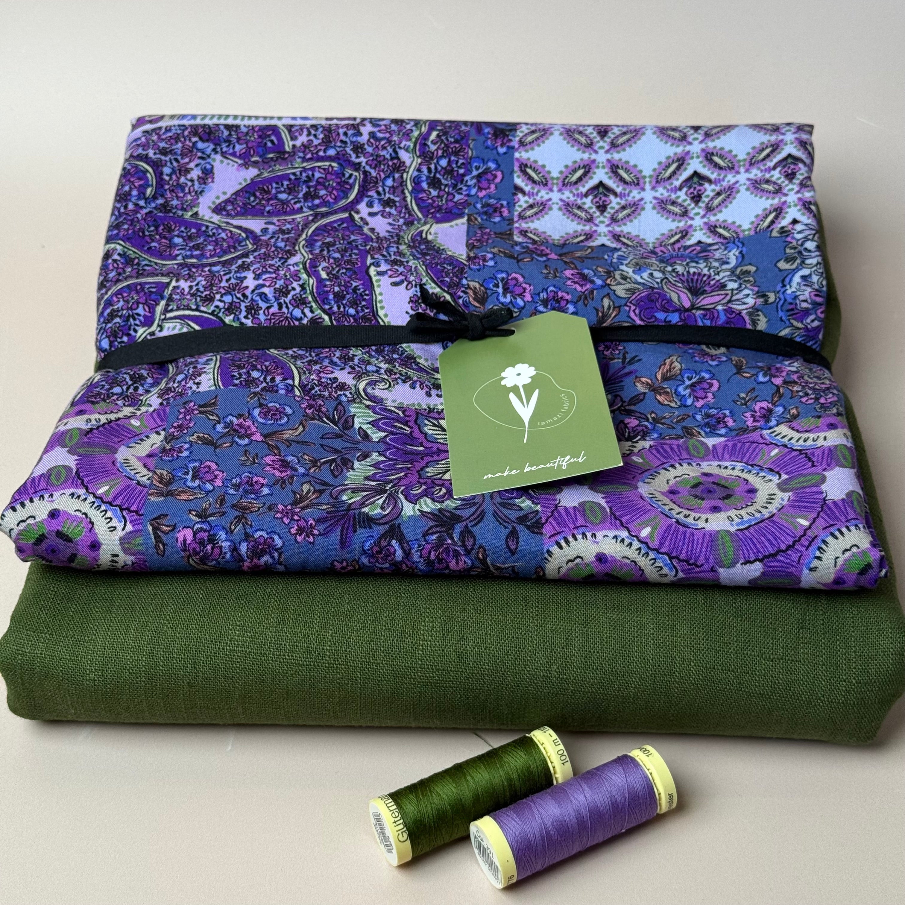 Make an Outfit Colour Bundle - Vintage Patchwork Purple Viscose Twill with Breeze Khaki Green Linen