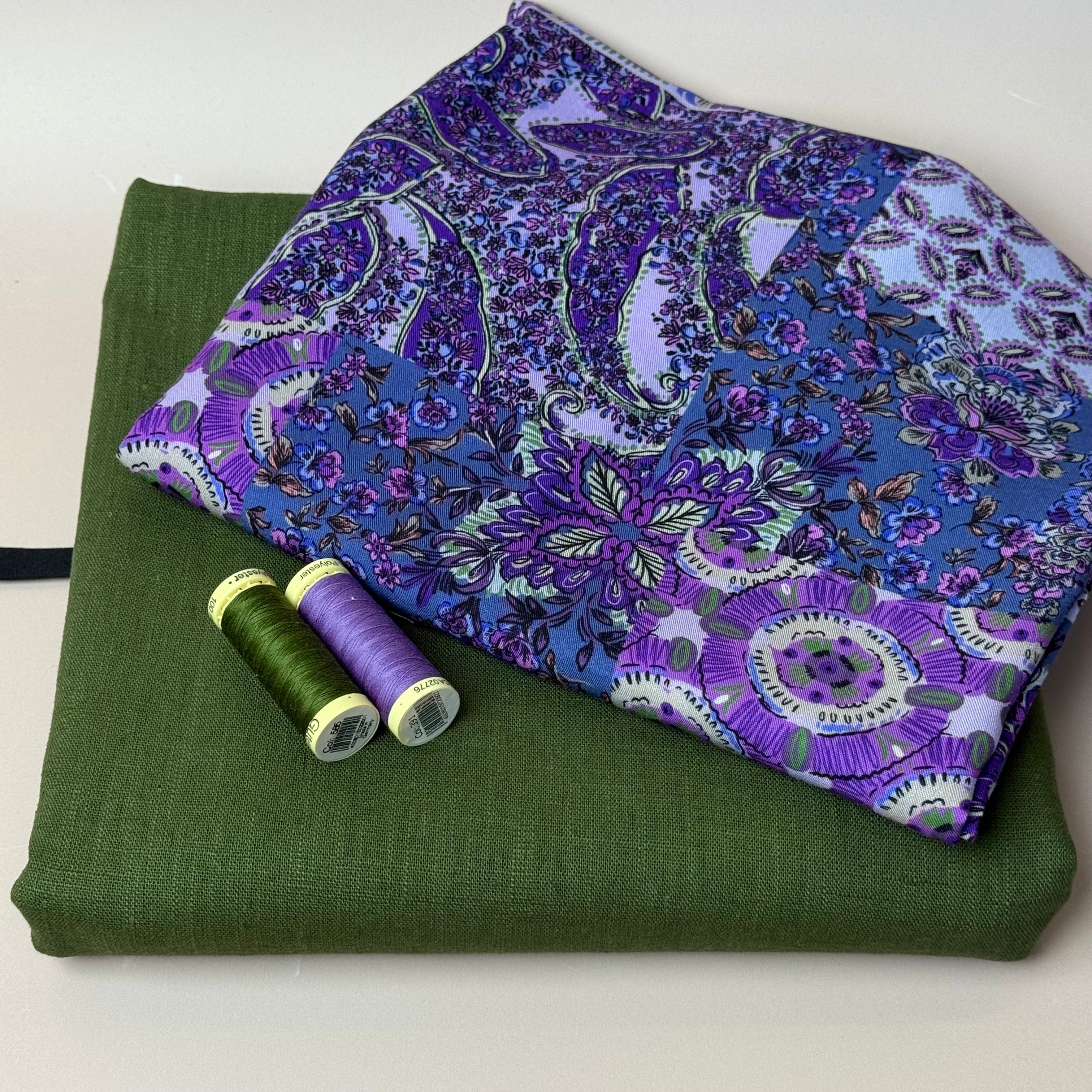 Make an Outfit Colour Bundle - Vintage Patchwork Purple Viscose Twill with Breeze Khaki Green Linen