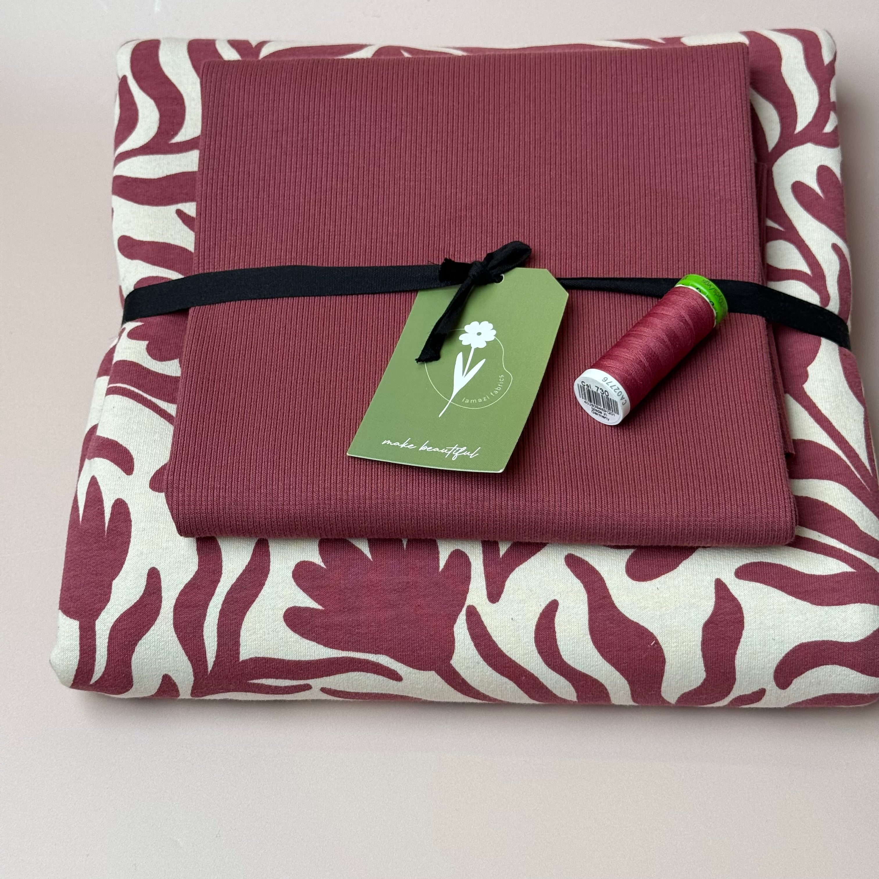 Colour Bundles - Burgundy Vines Cotton Sweatshirting & Ribbing