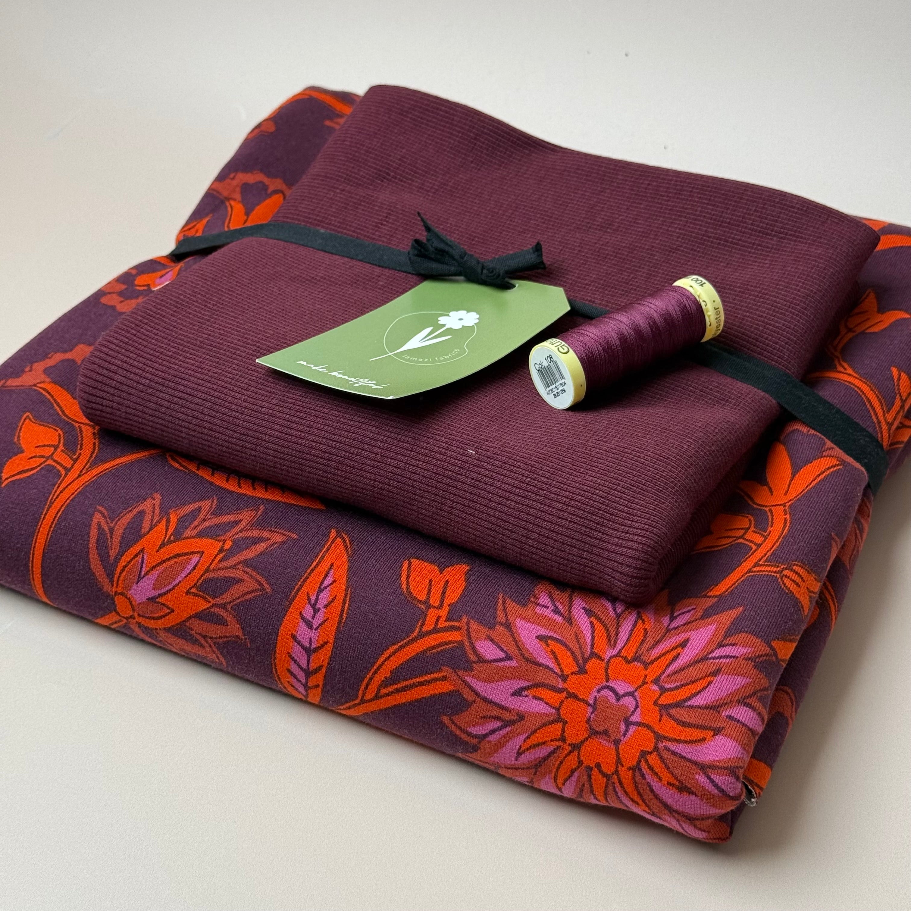 Colour Bundles - Orange Flowers Cotton French Terry & Ribbing