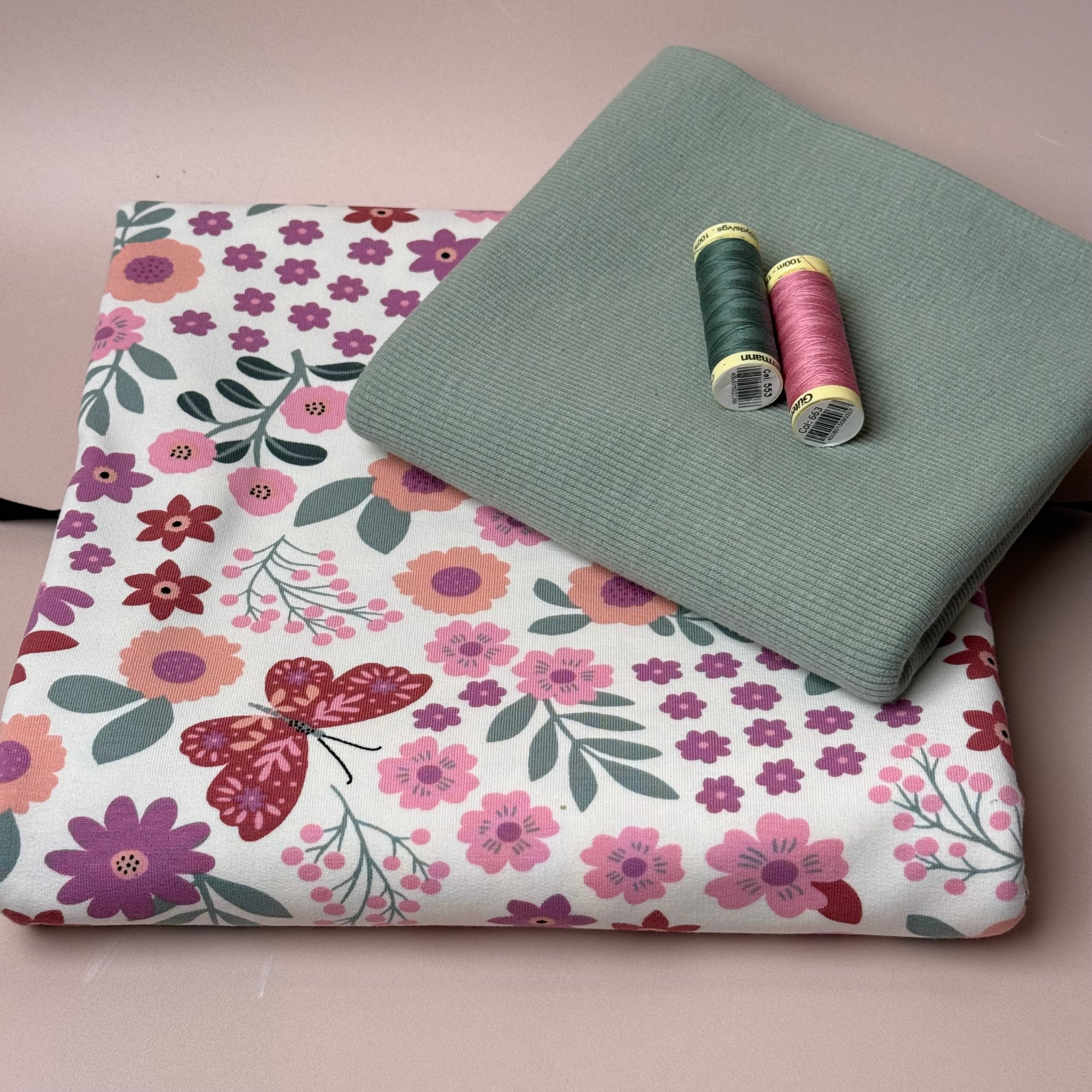 Colour Bundles - Flowers & Butterflies Off-White Cotton French Terry & Ribbing
