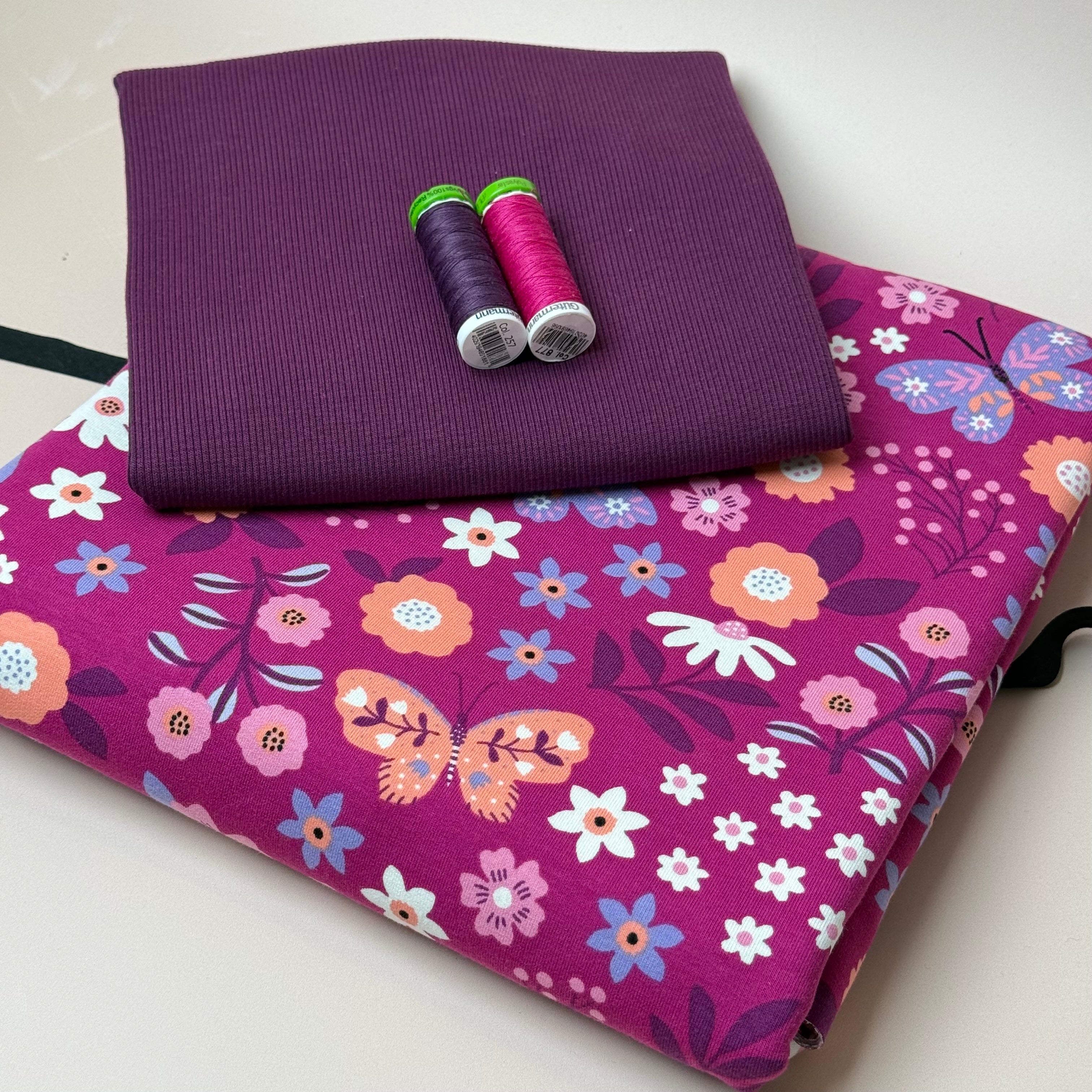 Colour Bundles - Flowers & Butterflies Magenta Cotton French Terry & Ribbing