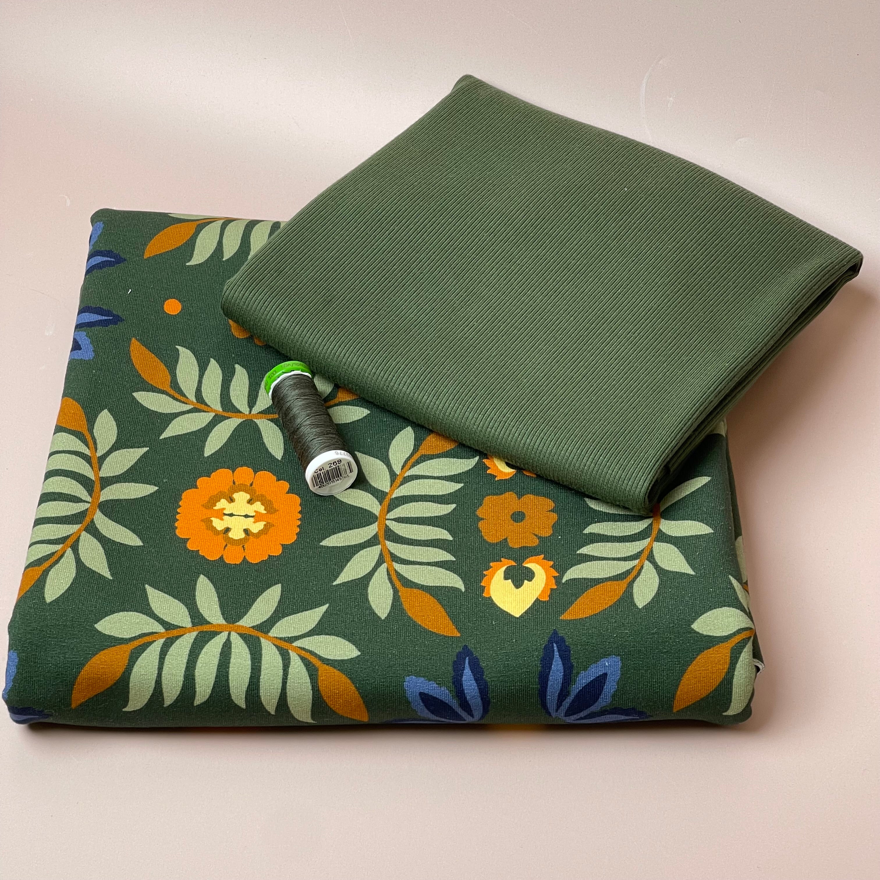 Colour Bundles - Ornamental Garden Khaki Cotton French Terry & Ribbing