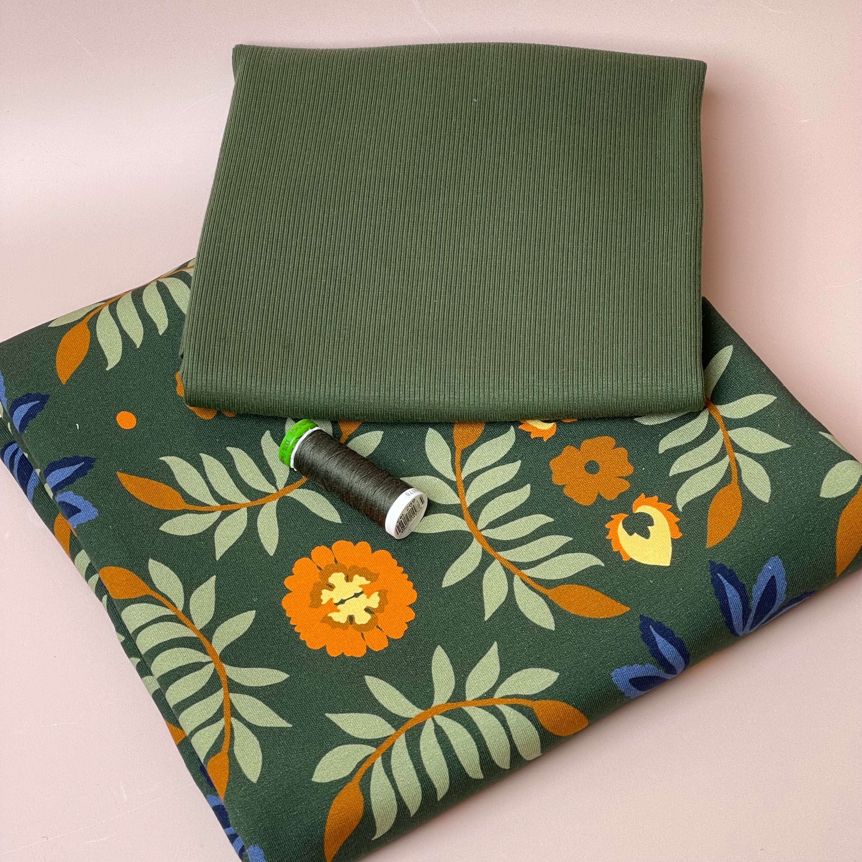 Colour Bundles - Ornamental Garden Khaki Cotton French Terry & Ribbing