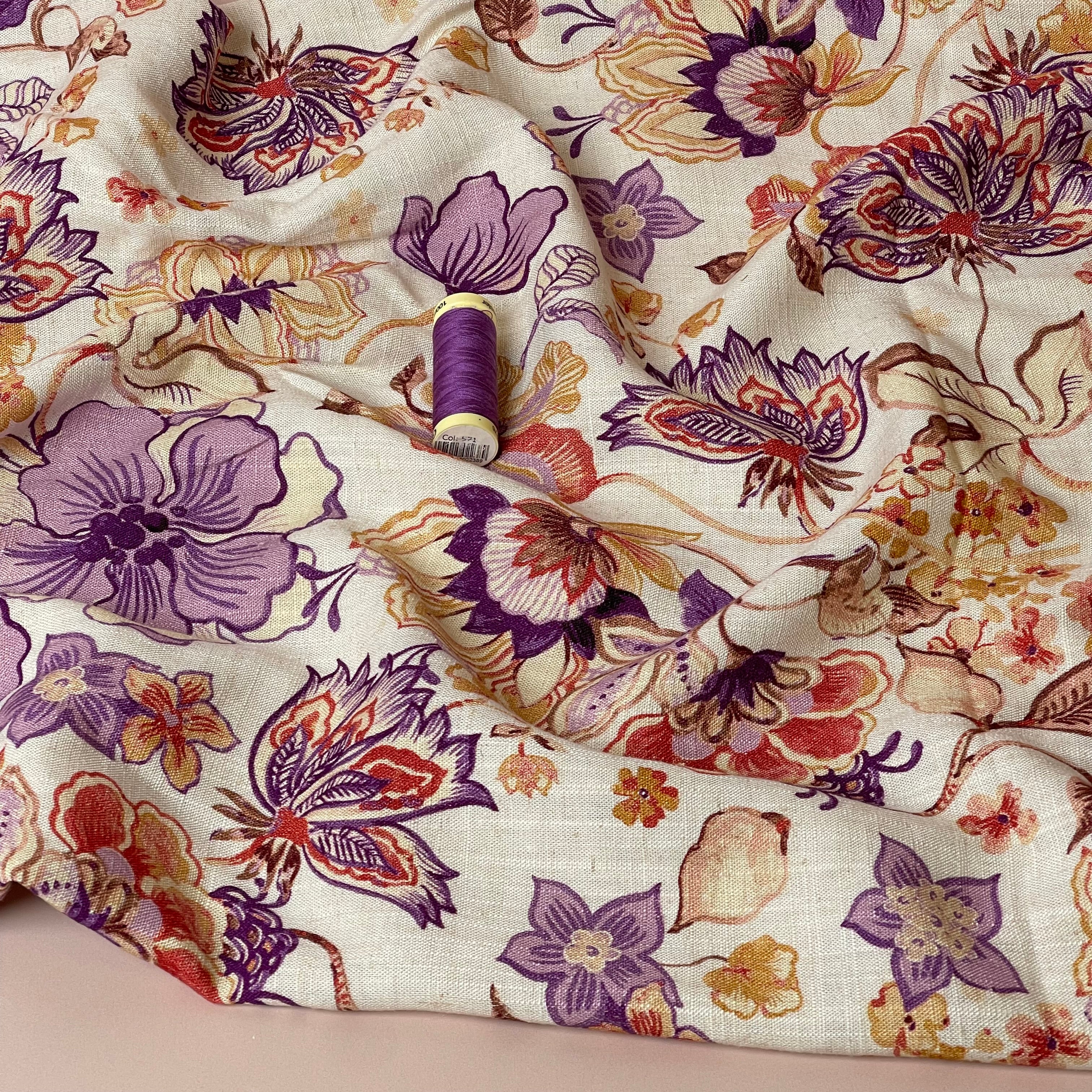 Henna Flowers Lilac Viscose Linen Fabric