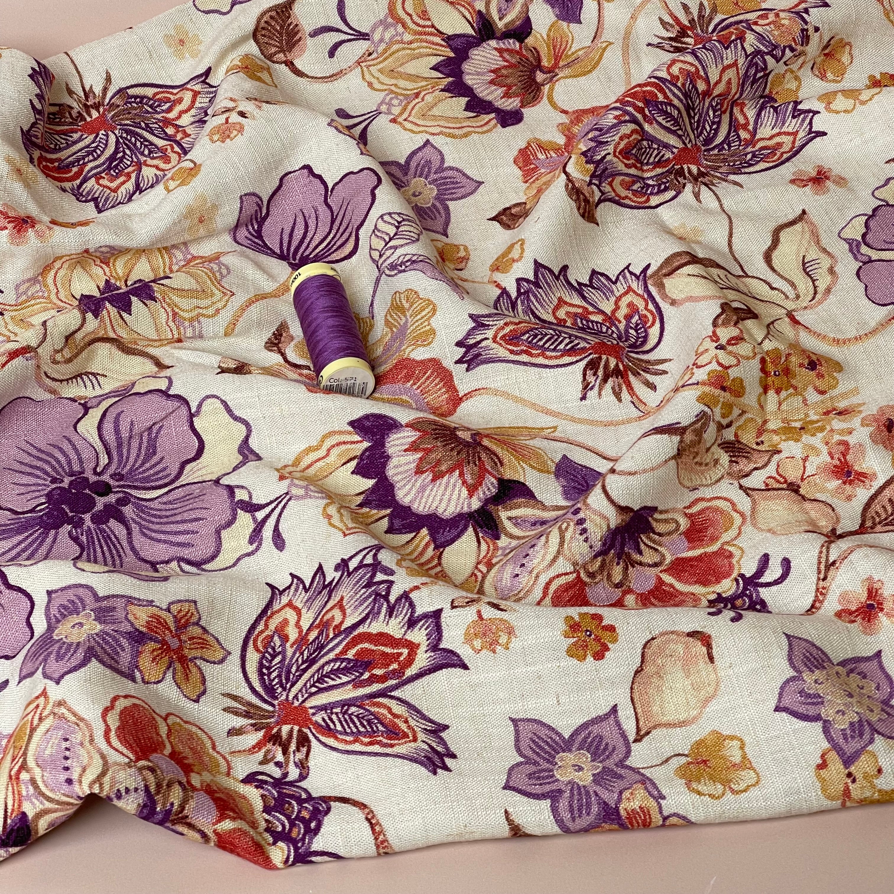 Henna Flowers Lilac Viscose Linen Fabric