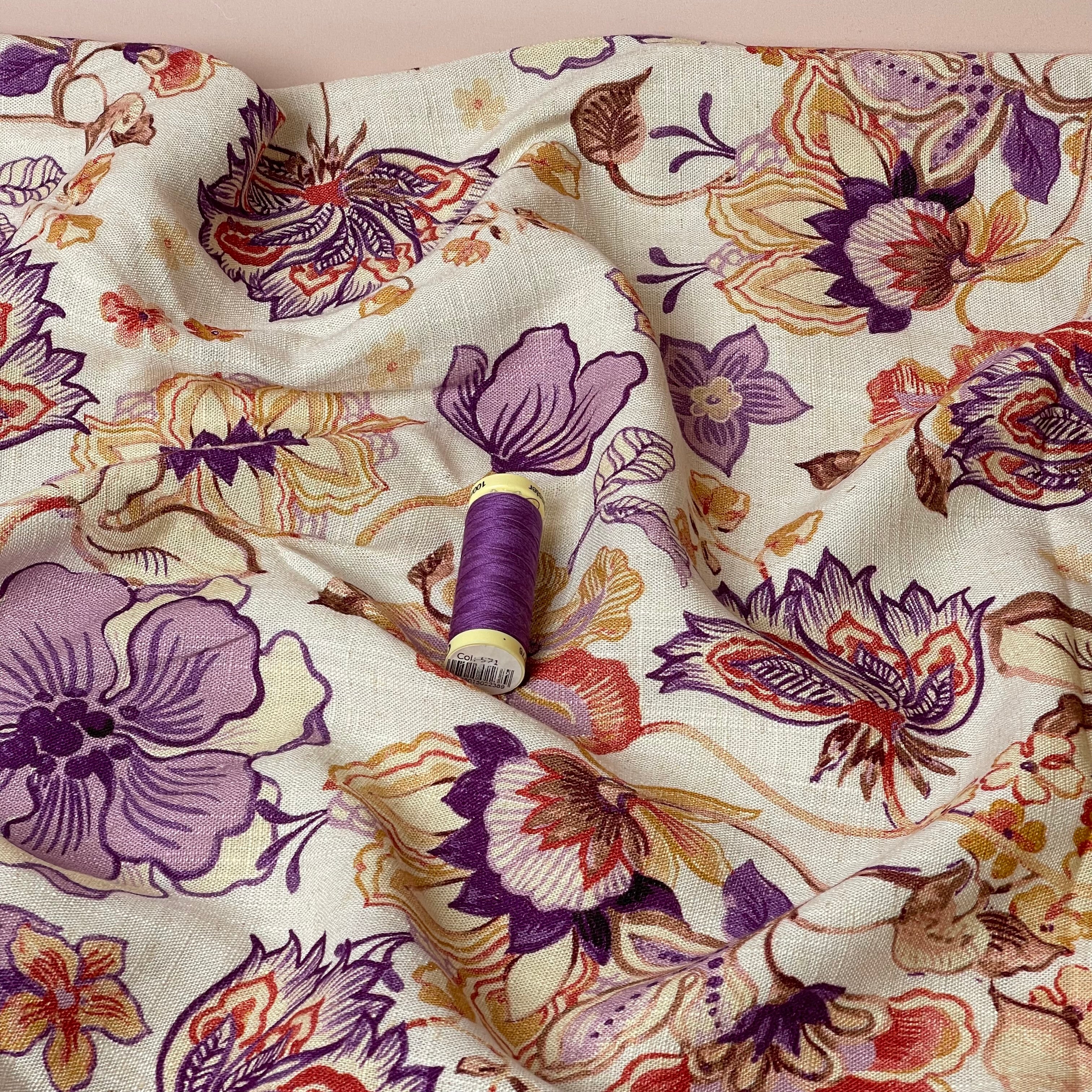 Henna Flowers Lilac Viscose Linen Fabric