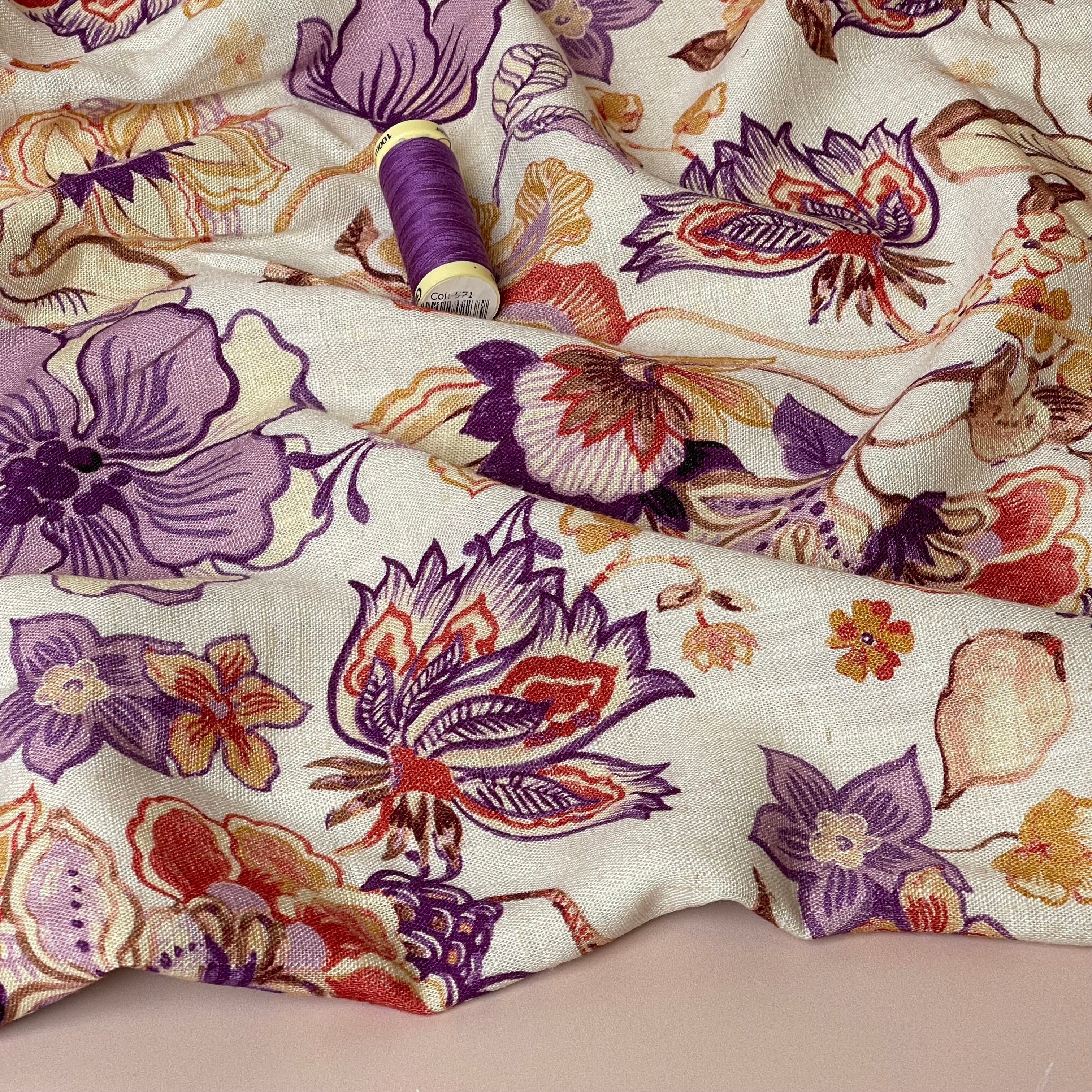 Henna Flowers Lilac Viscose Linen Fabric