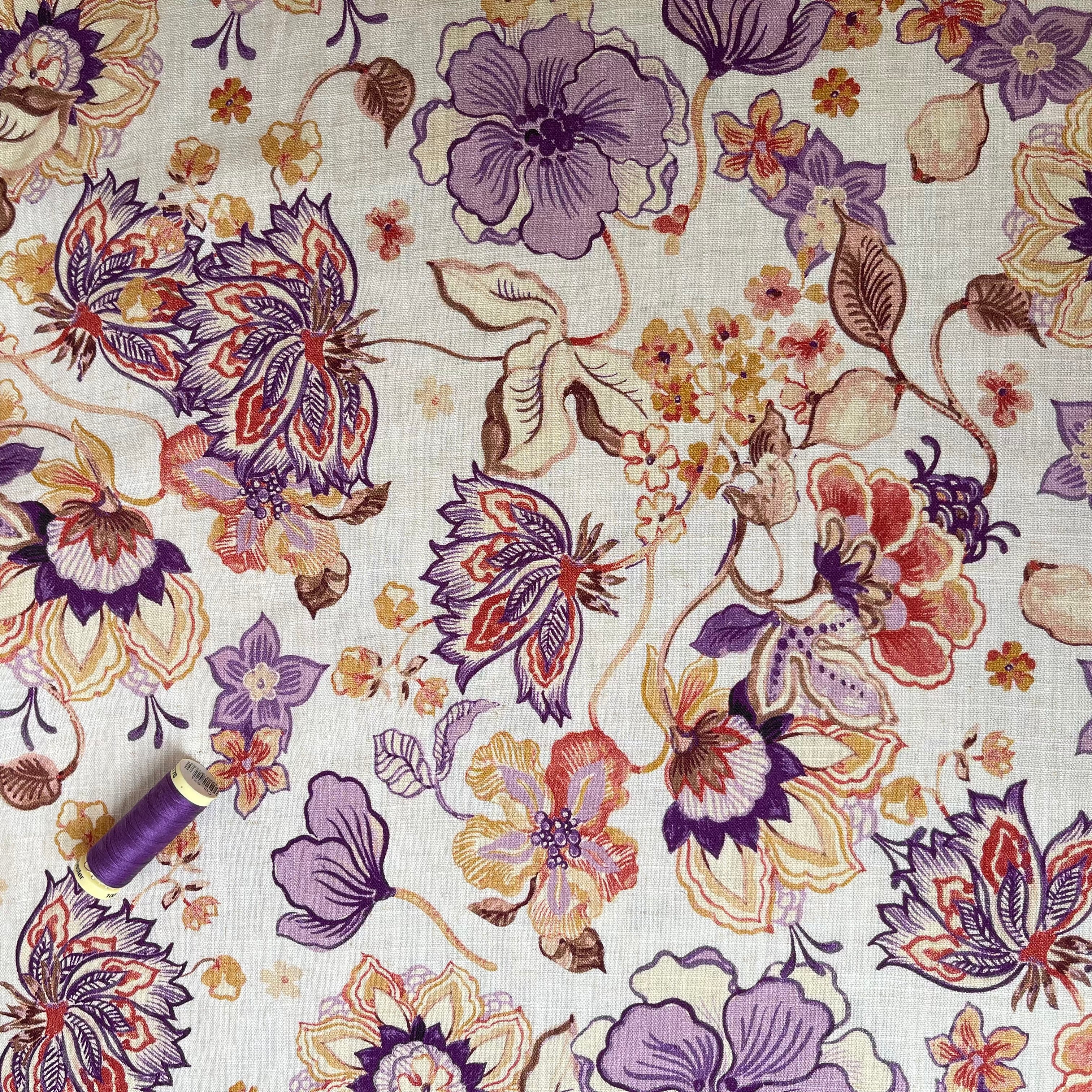 Henna Flowers Lilac Viscose Linen Fabric