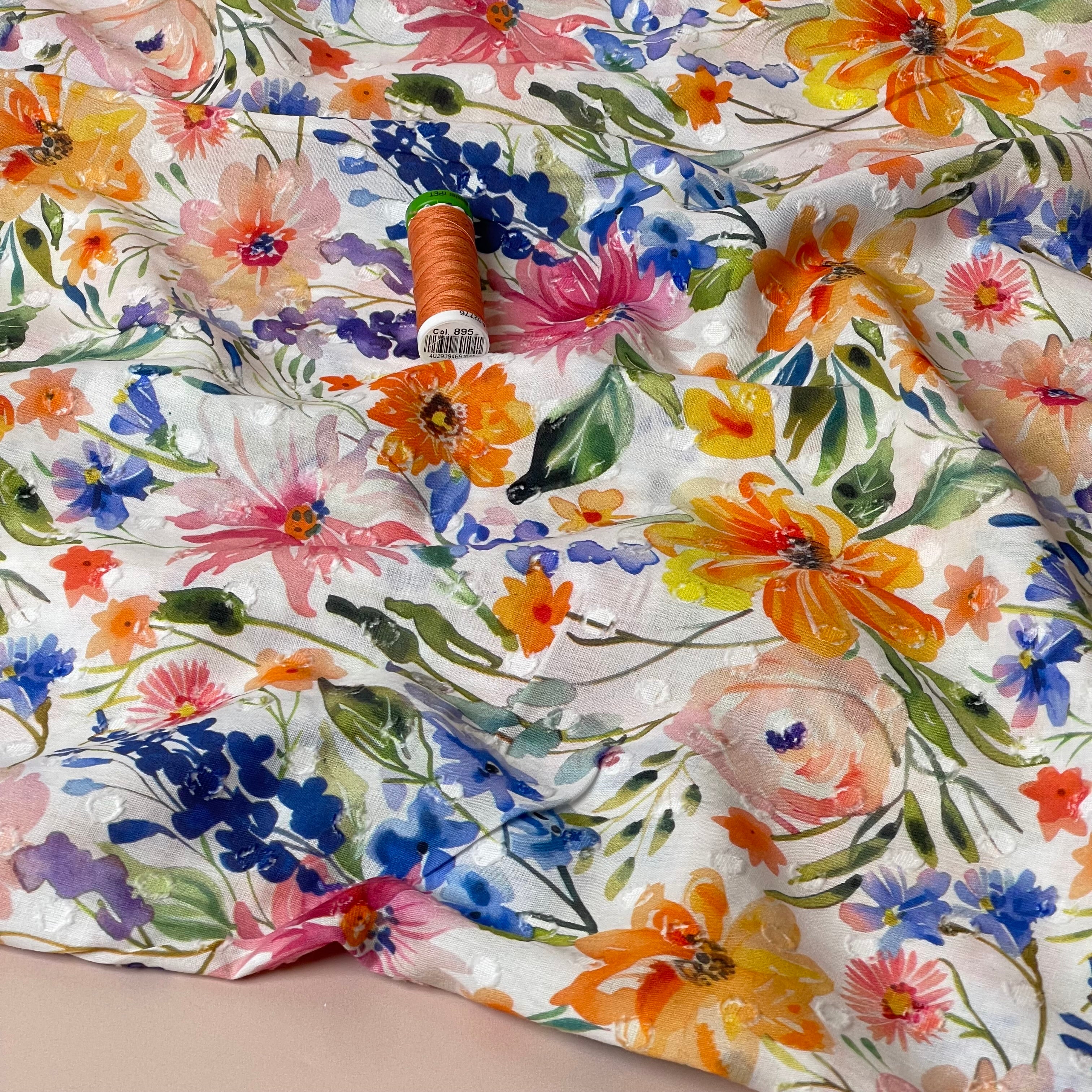 Meadow Flowers Orange Dobby Cotton Voil Fabric