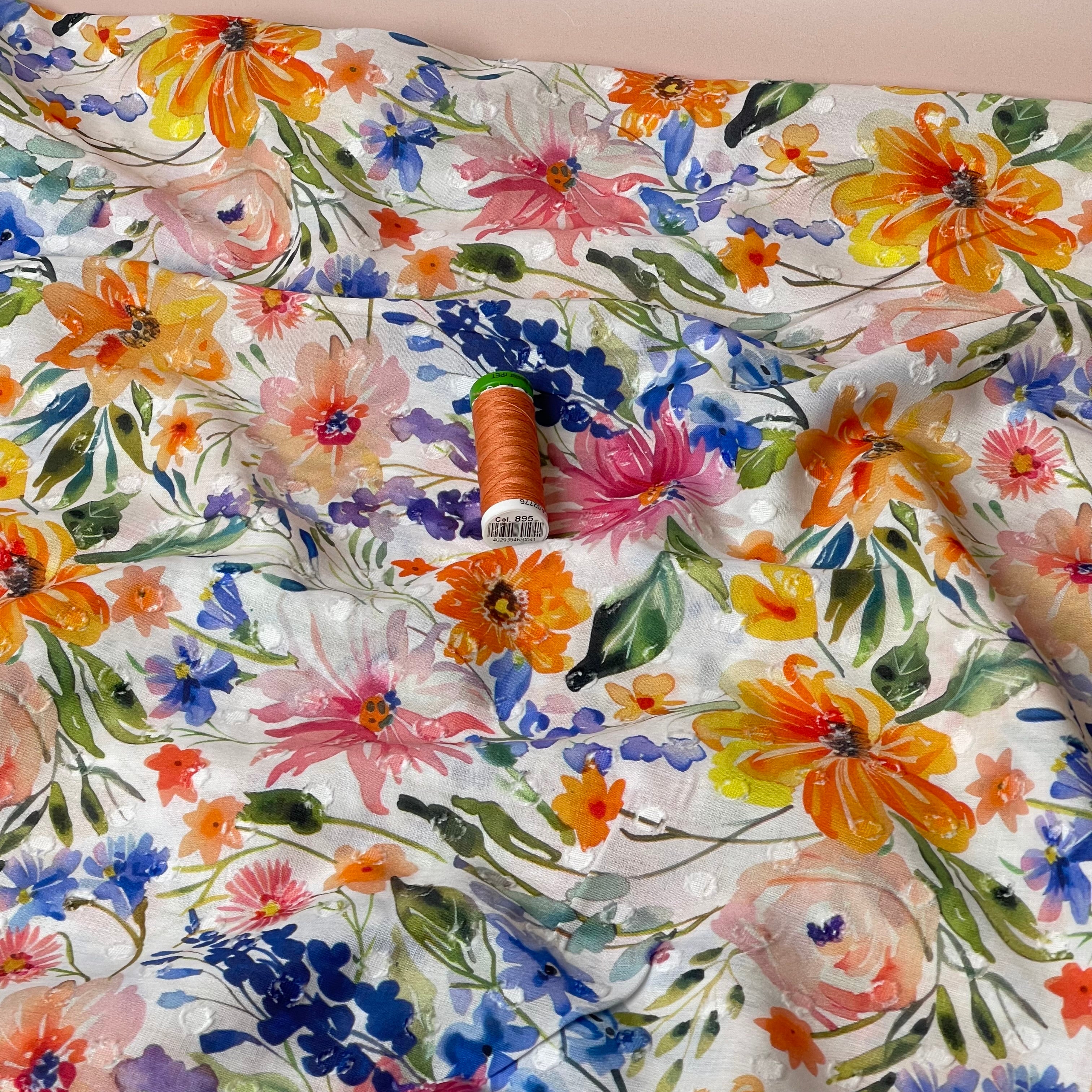 Meadow Flowers Orange Dobby Cotton Voil Fabric