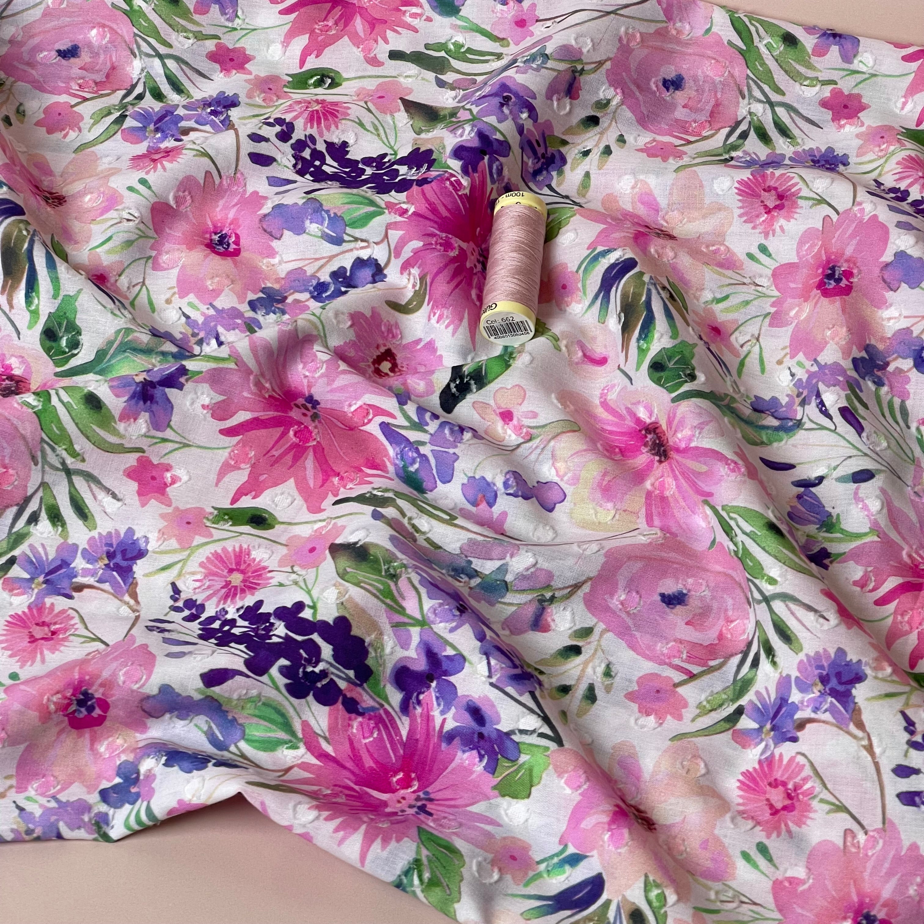 Meadow Flowers Pink Dobby Cotton Voil Fabric