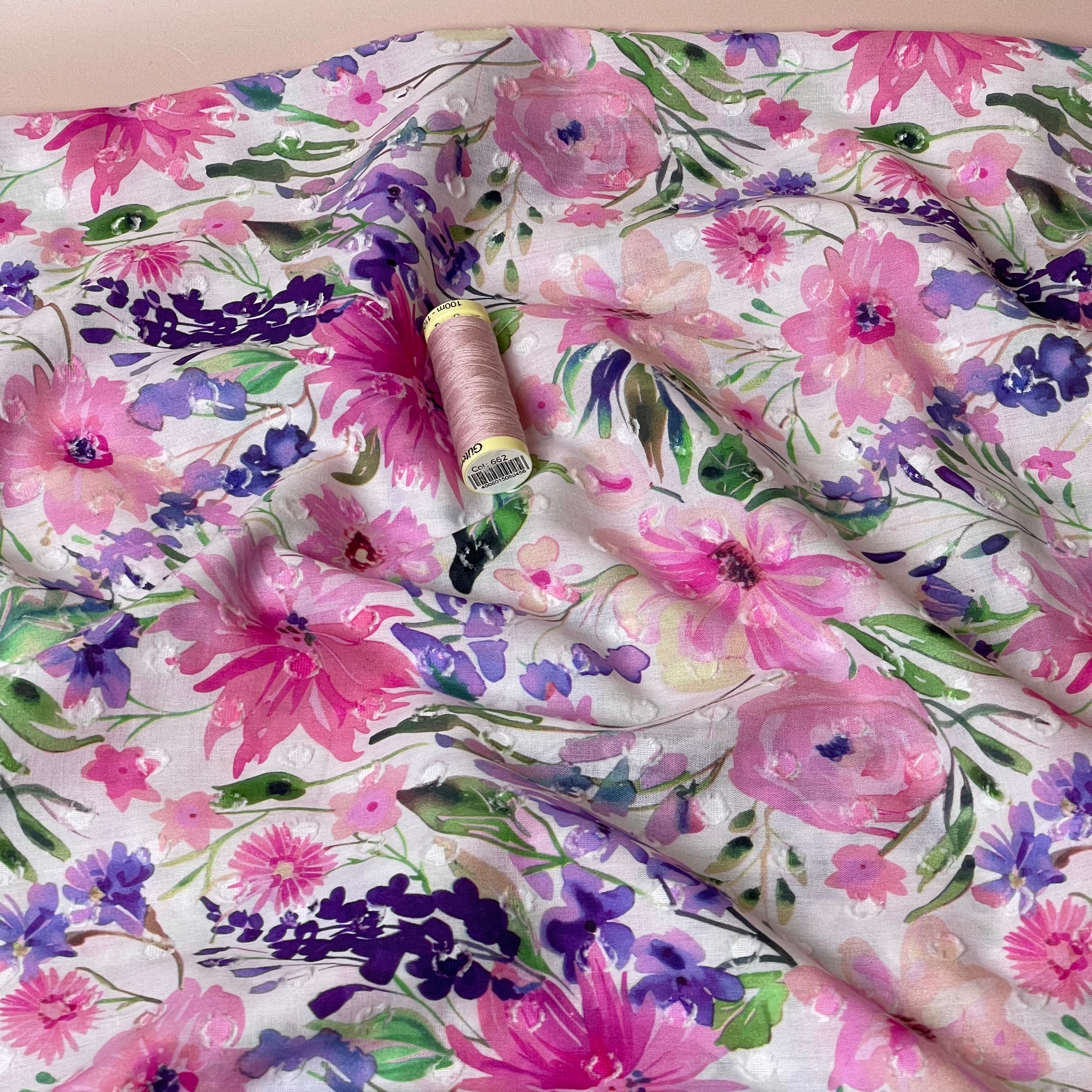 Meadow Flowers Pink Dobby Cotton Voil Fabric