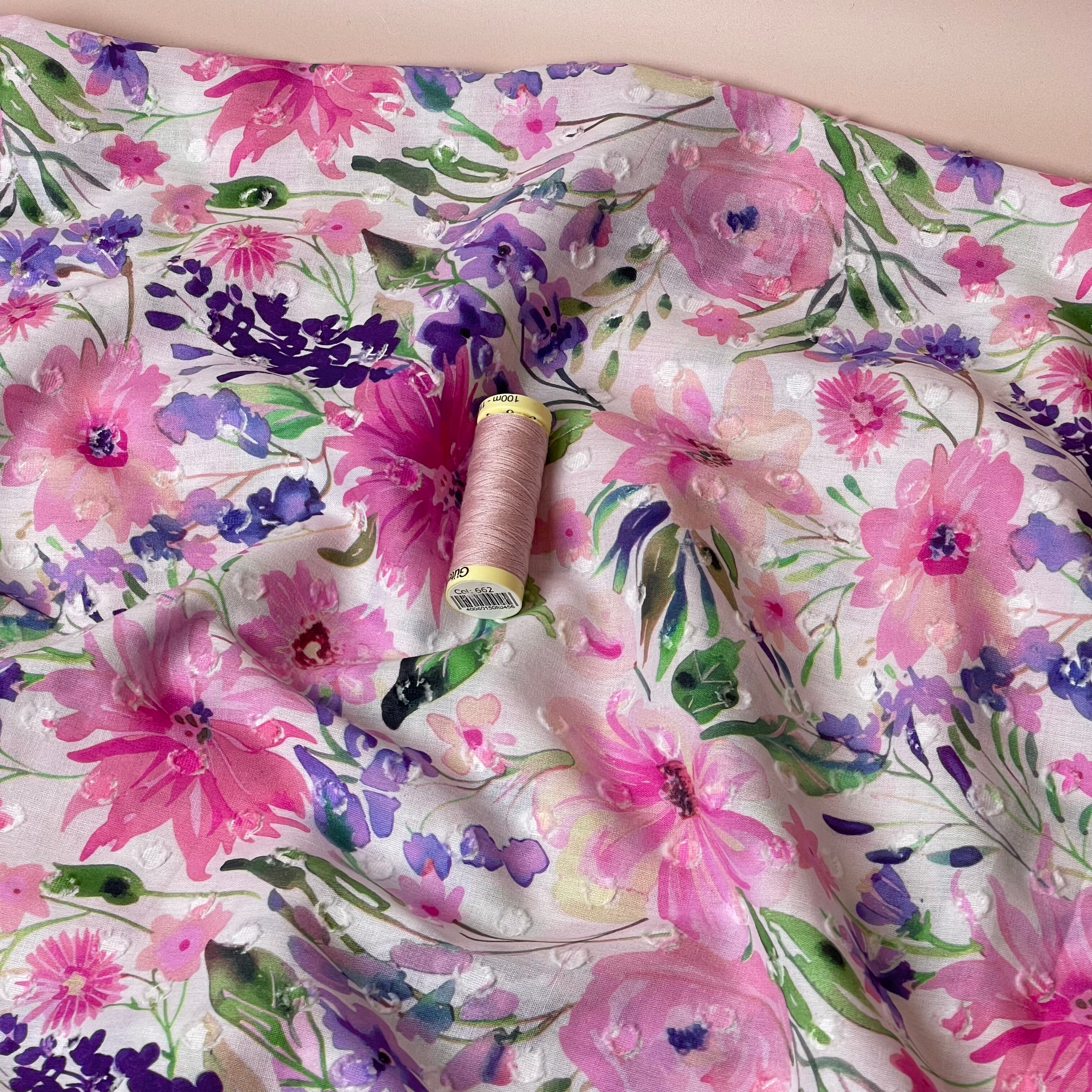 Meadow Flowers Pink Dobby Cotton Voil Fabric