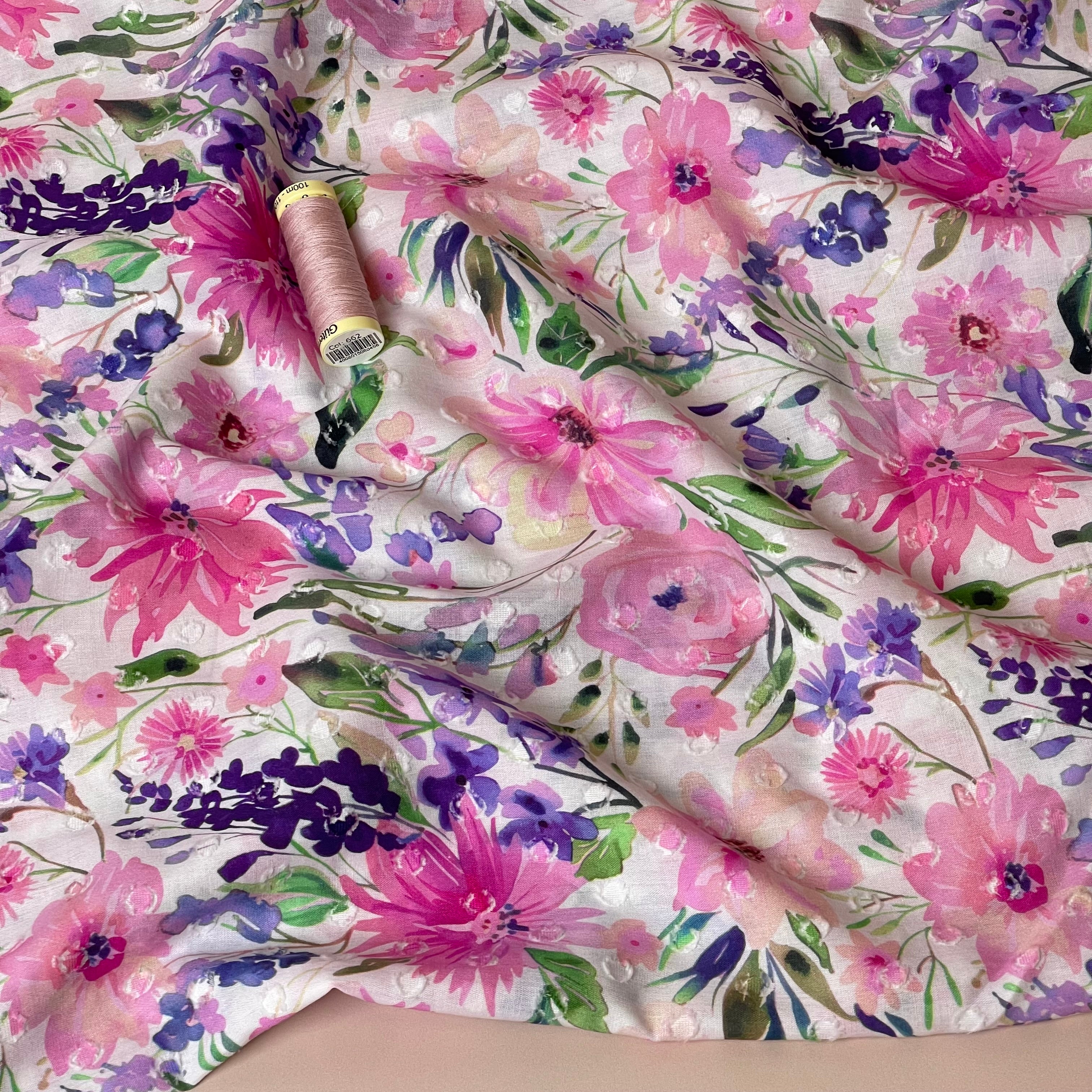 Meadow Flowers Pink Dobby Cotton Voil Fabric