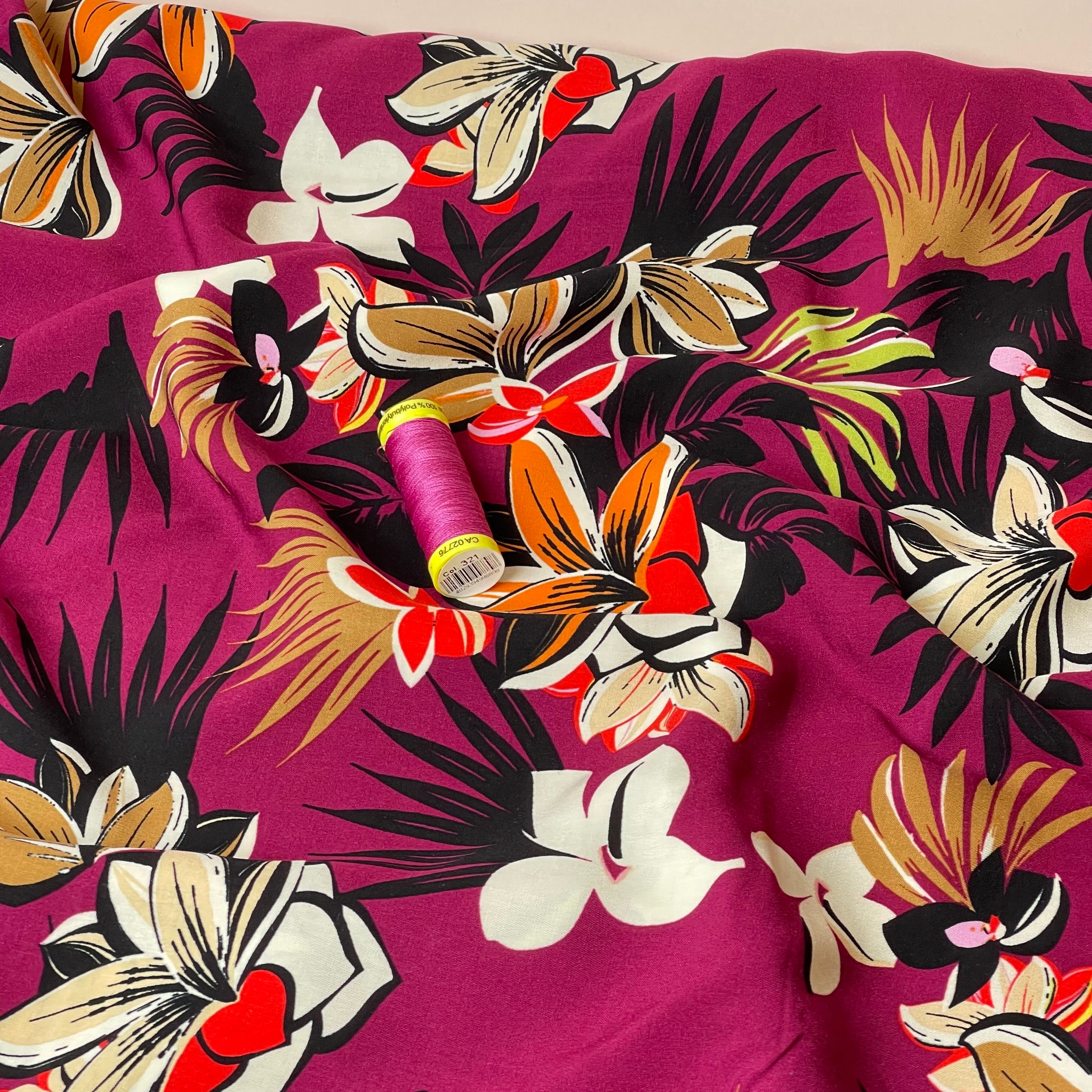 Tropical Plant Magenta Viscose Poplin Fabric