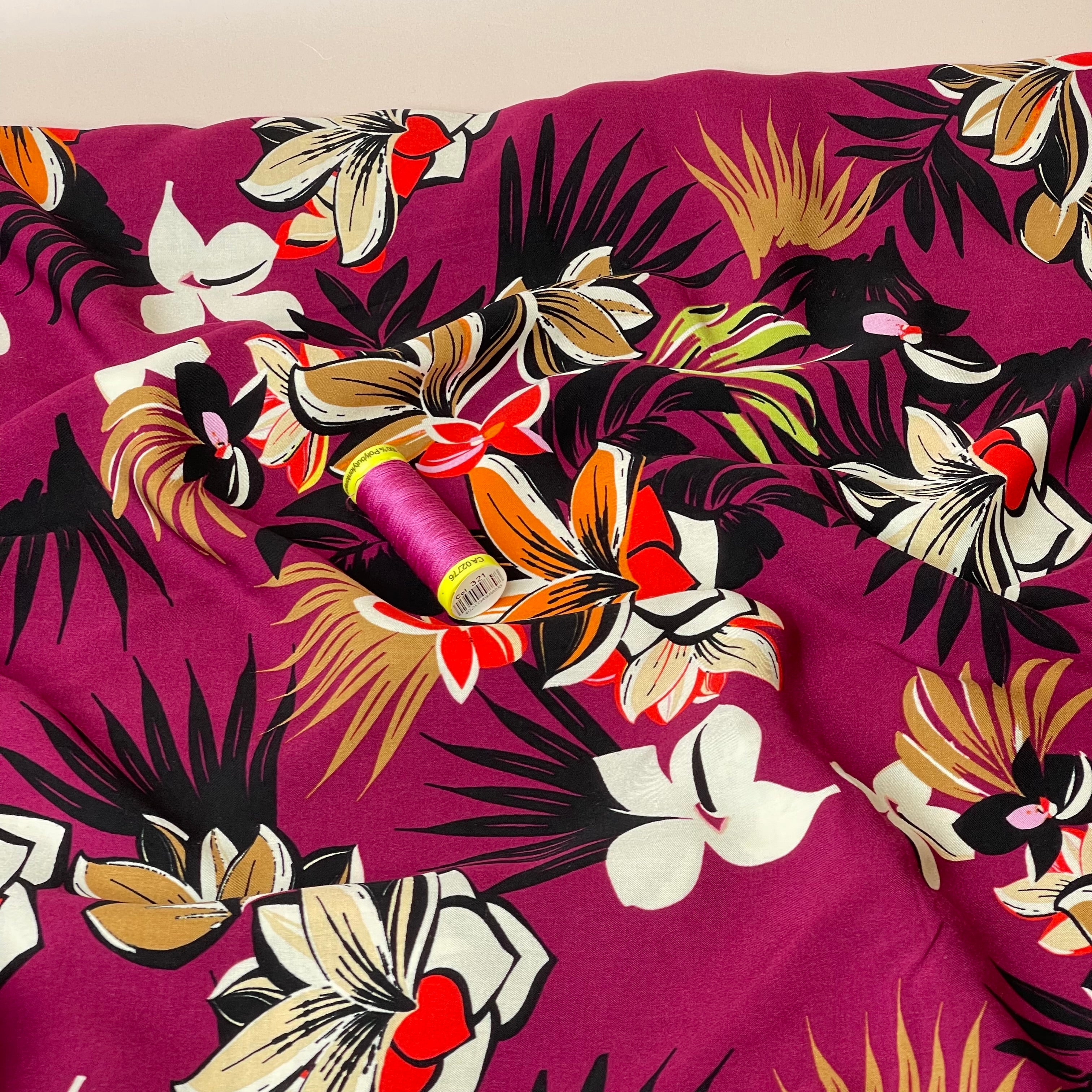 Tropical Plant Magenta Viscose Poplin Fabric