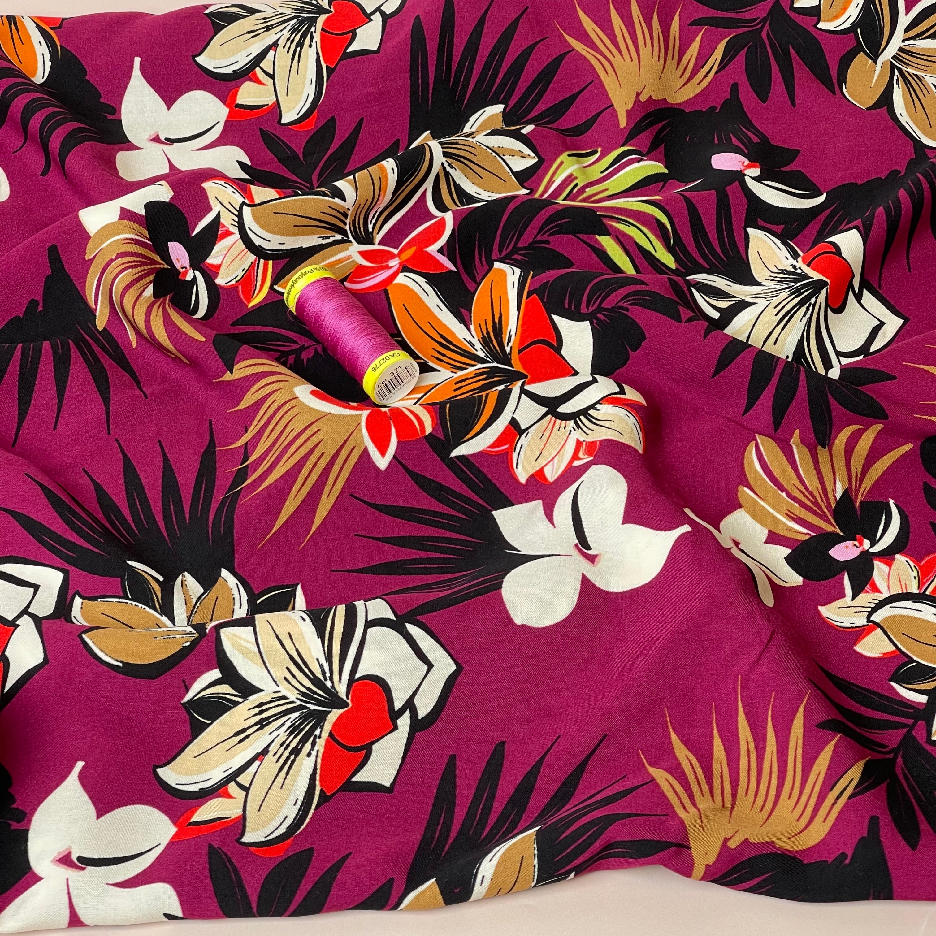 Tropical Plant Magenta Viscose Poplin Fabric