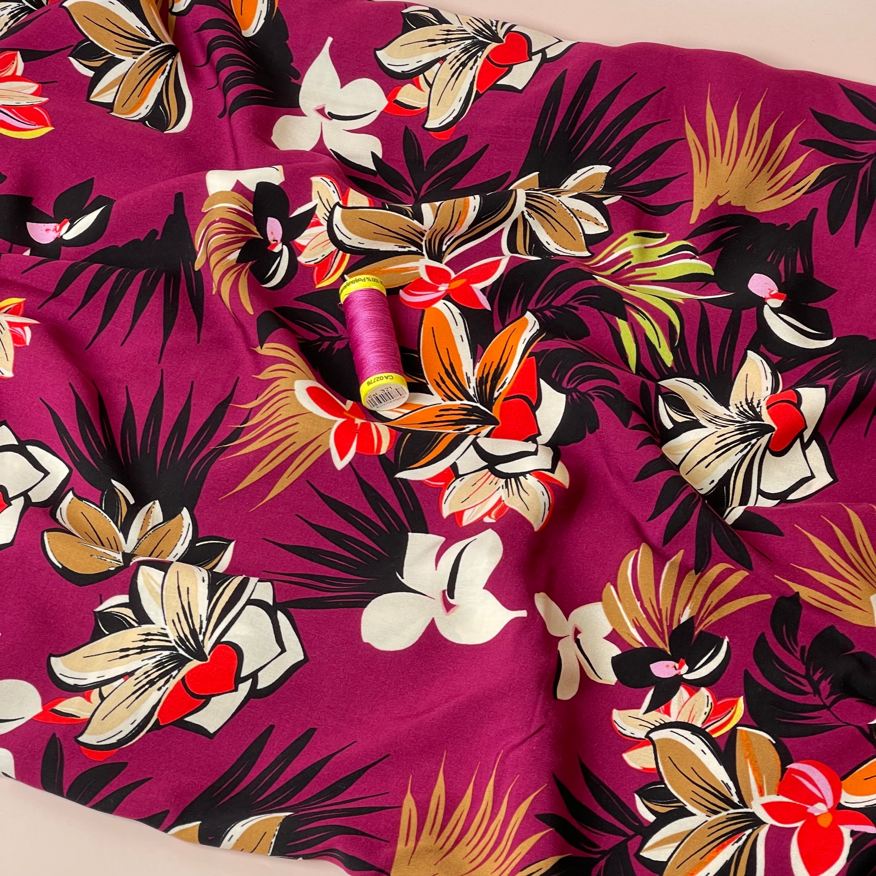 Tropical Plant Magenta Viscose Poplin Fabric