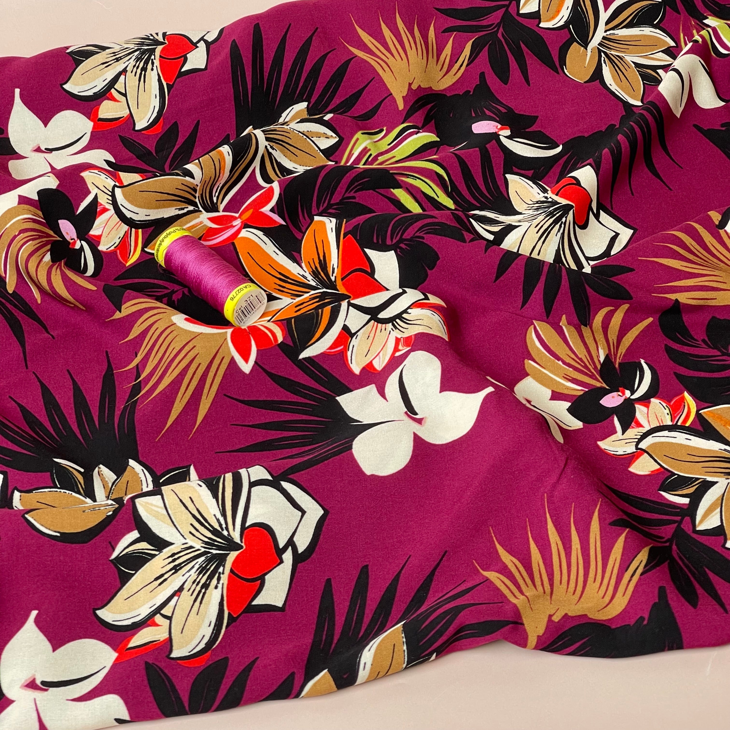 Tropical Plant Magenta Viscose Poplin Fabric