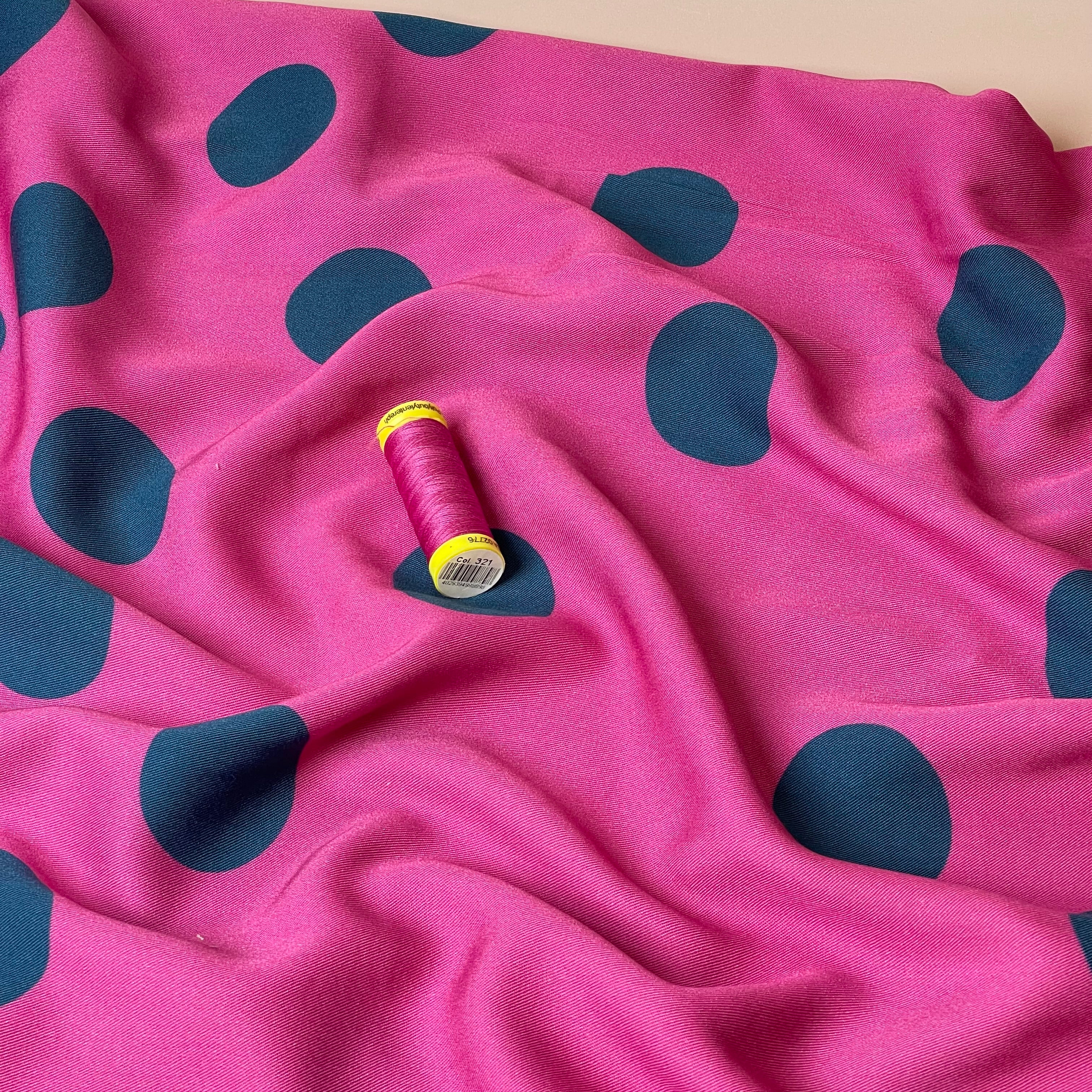 Light & Lush - Large Polka Dots in Blue on Pink Viscose Twill Fabric