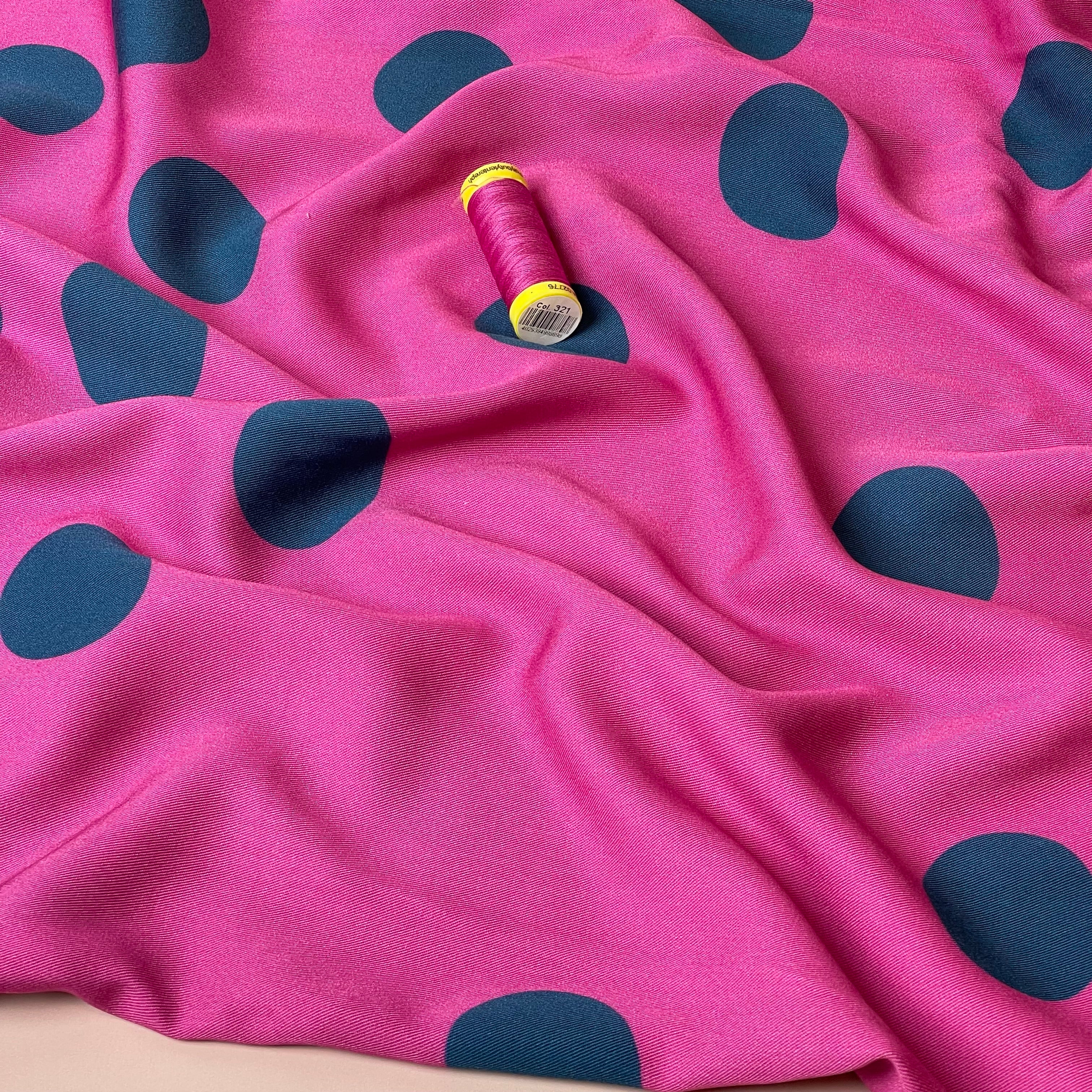 Light & Lush - Large Polka Dots in Blue on Pink Viscose Twill Fabric