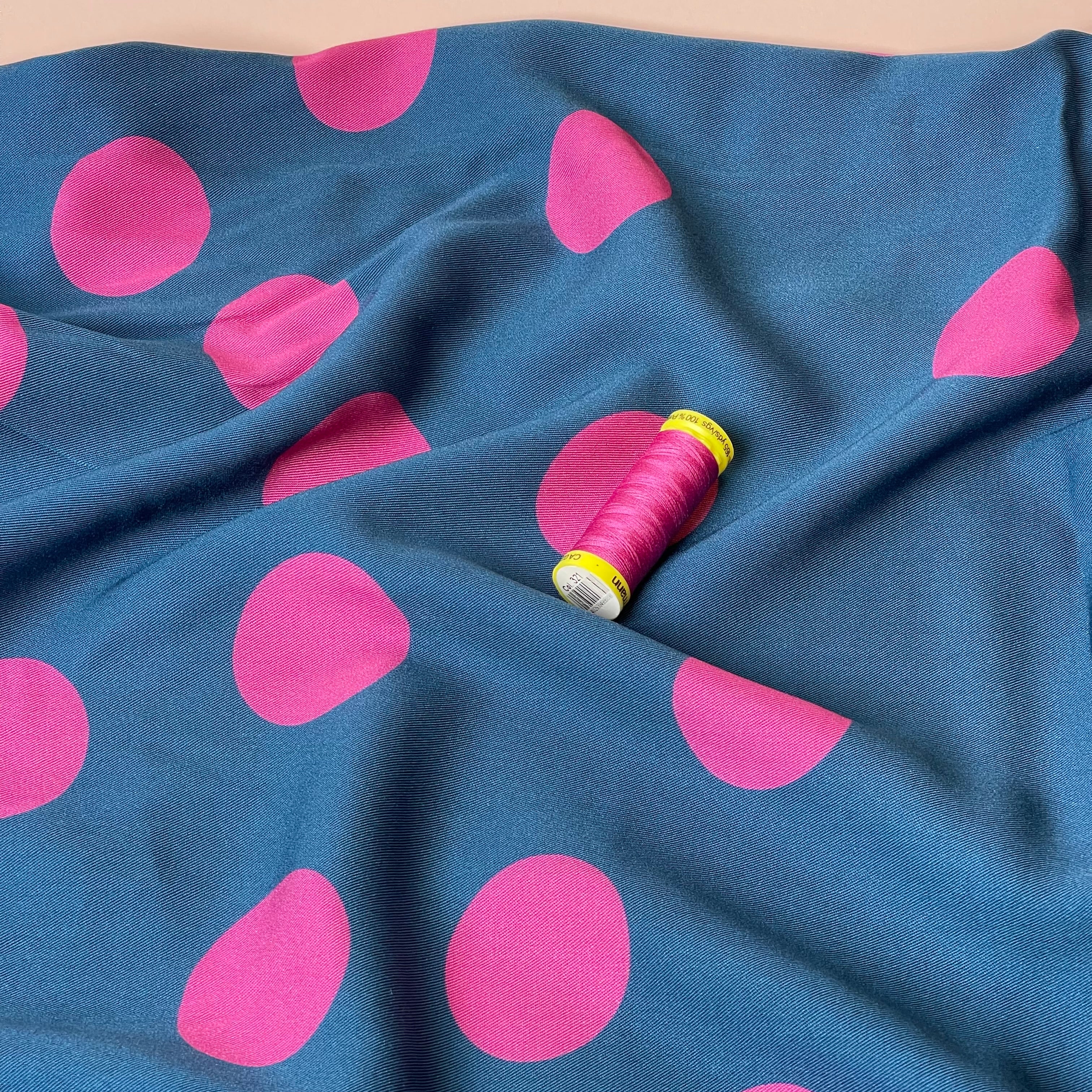 Light & Lush - Large Polka Dots in Pink on Blue Viscose Twill Fabric