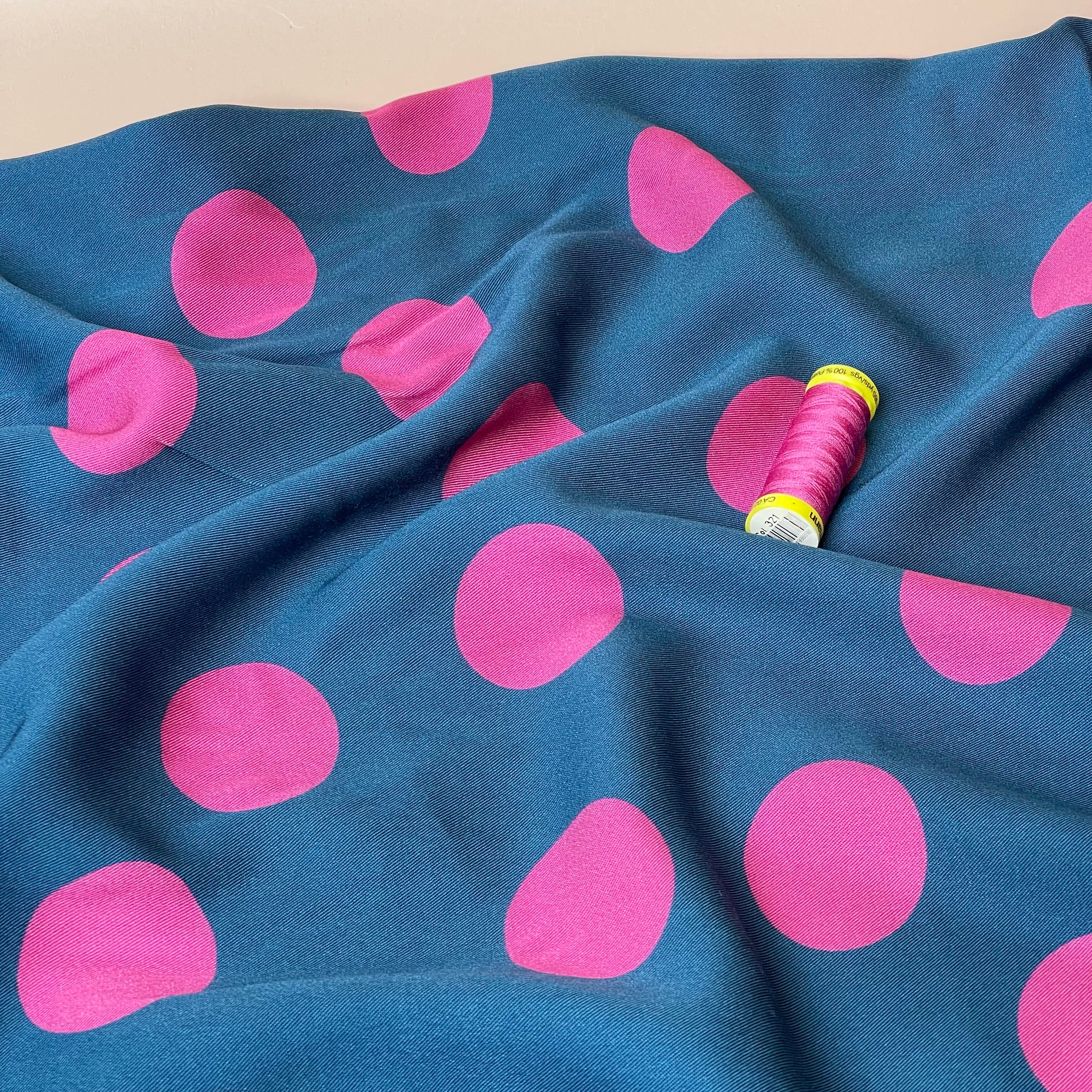 Light & Lush - Large Polka Dots in Pink on Blue Viscose Twill Fabric