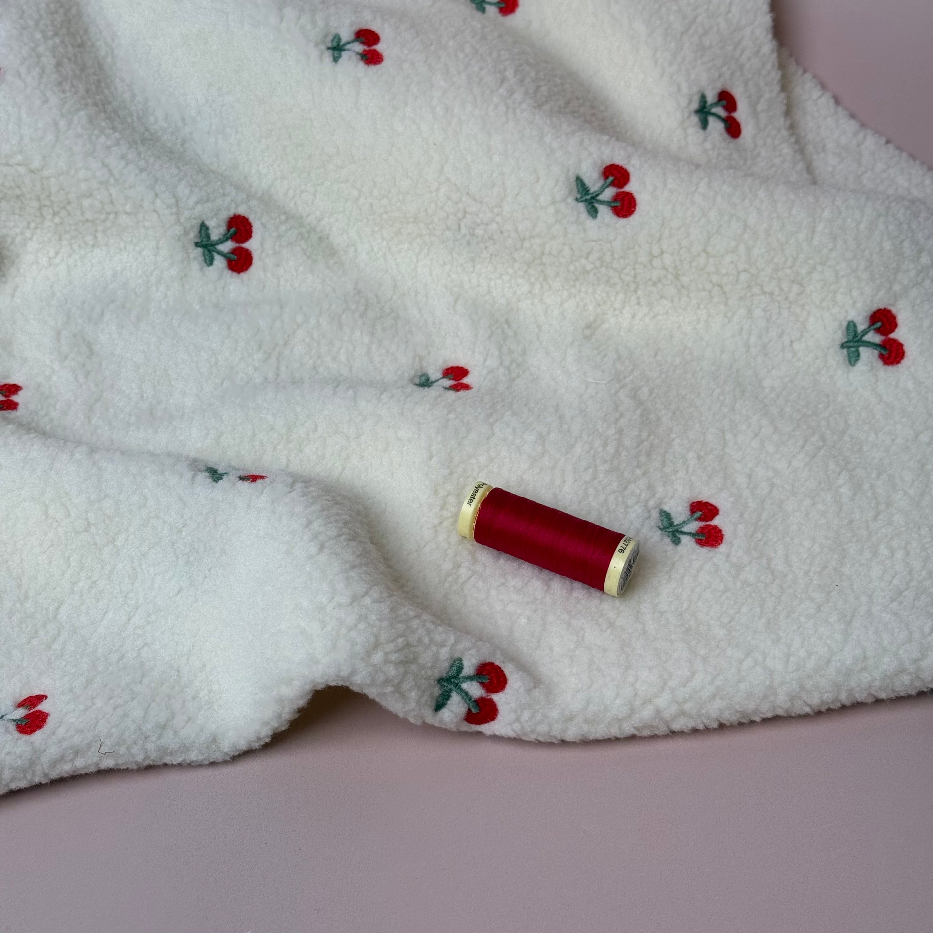 Off-White Teddy with Embroidered Cherries Fabric