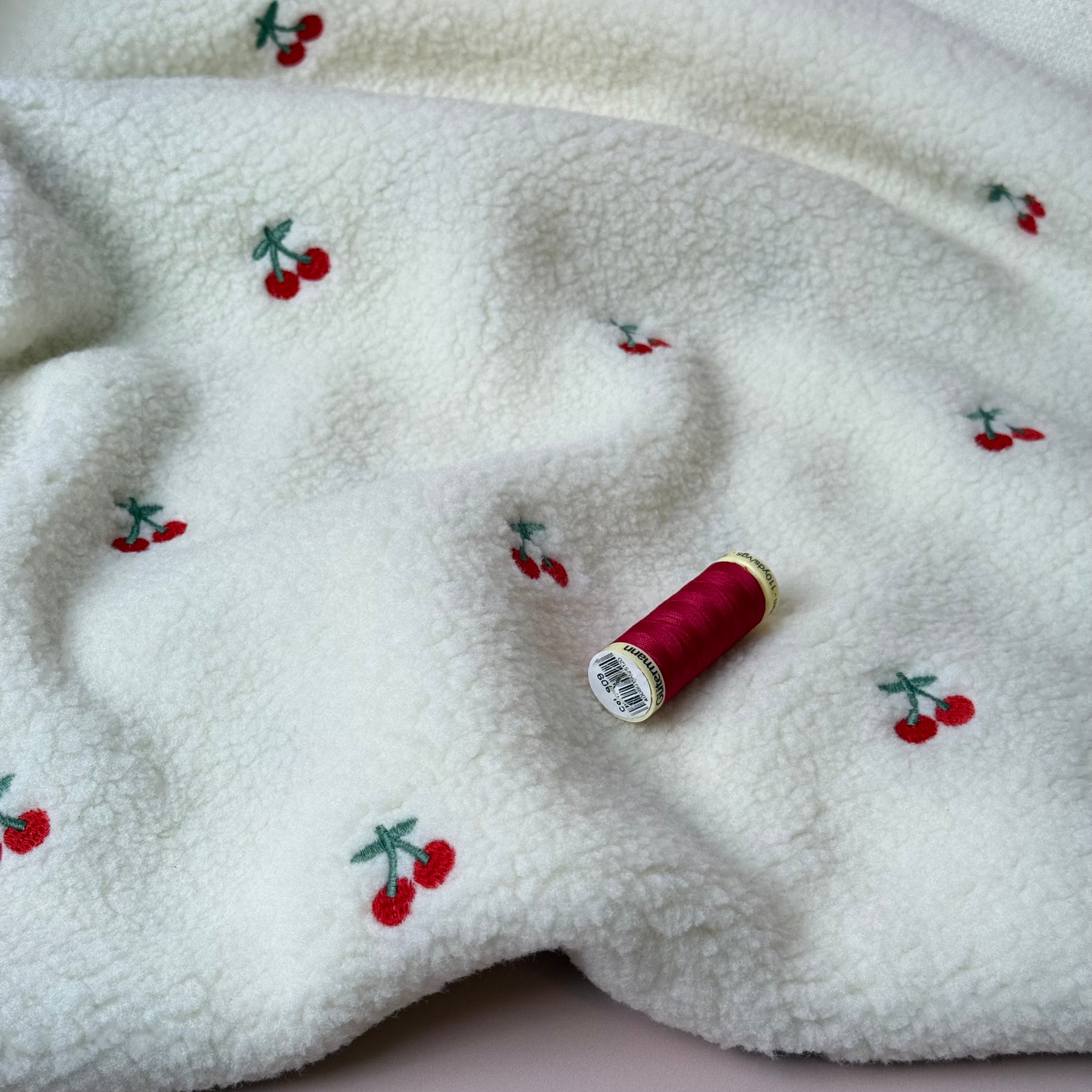 Off-White Teddy with Embroidered Cherries Fabric