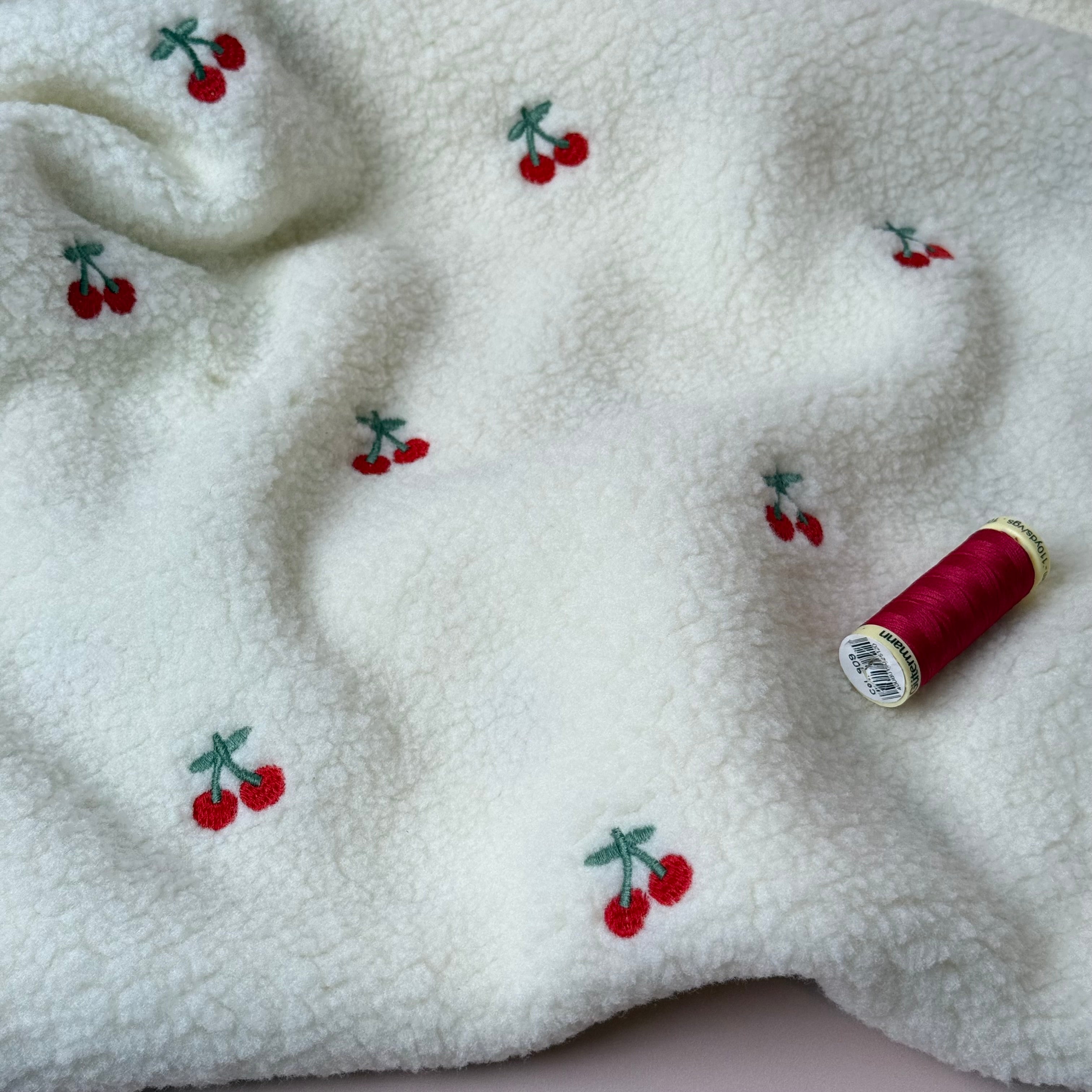 Off-White Teddy with Embroidered Cherries Fabric