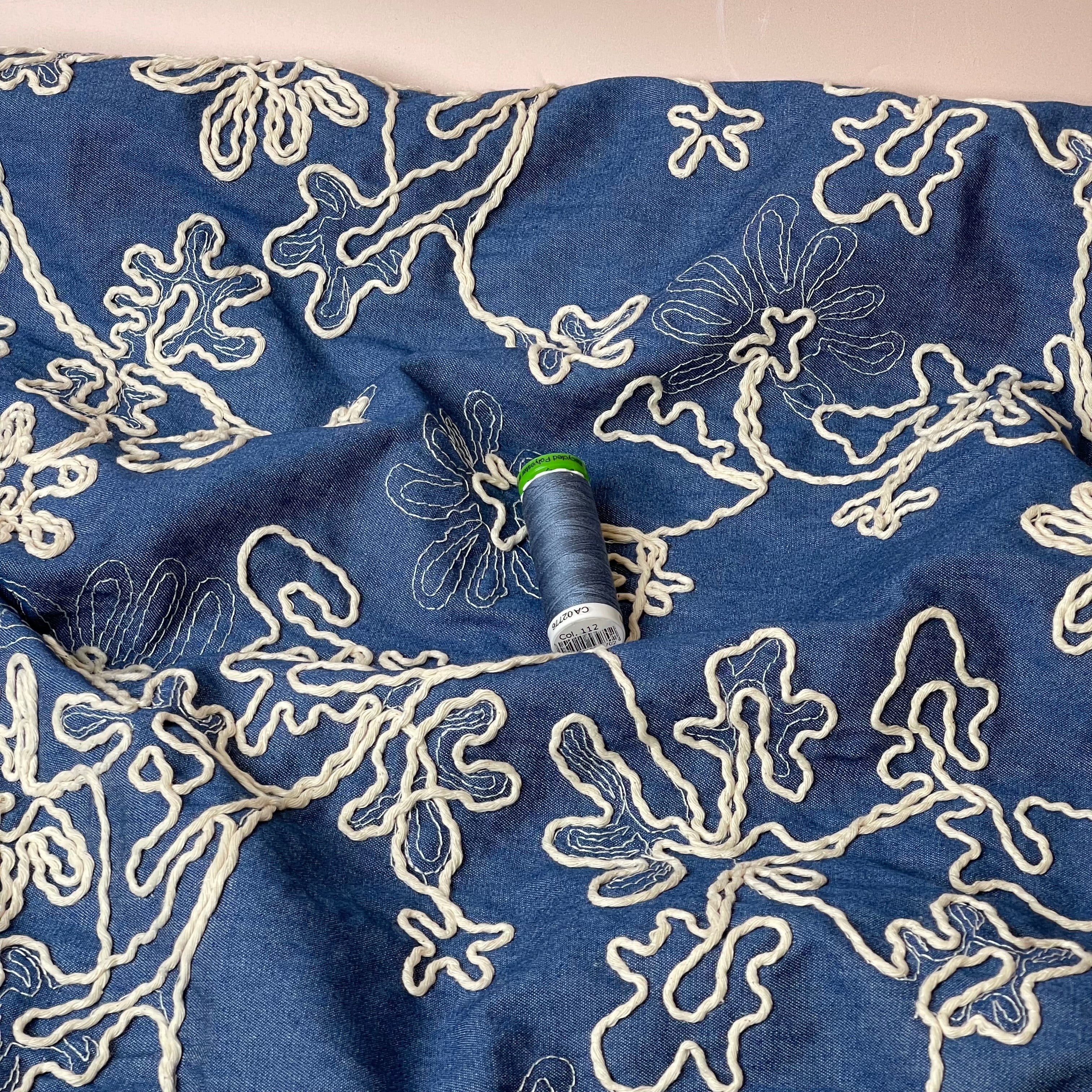 Denim with Embroidered Flowers Cotton Fabric