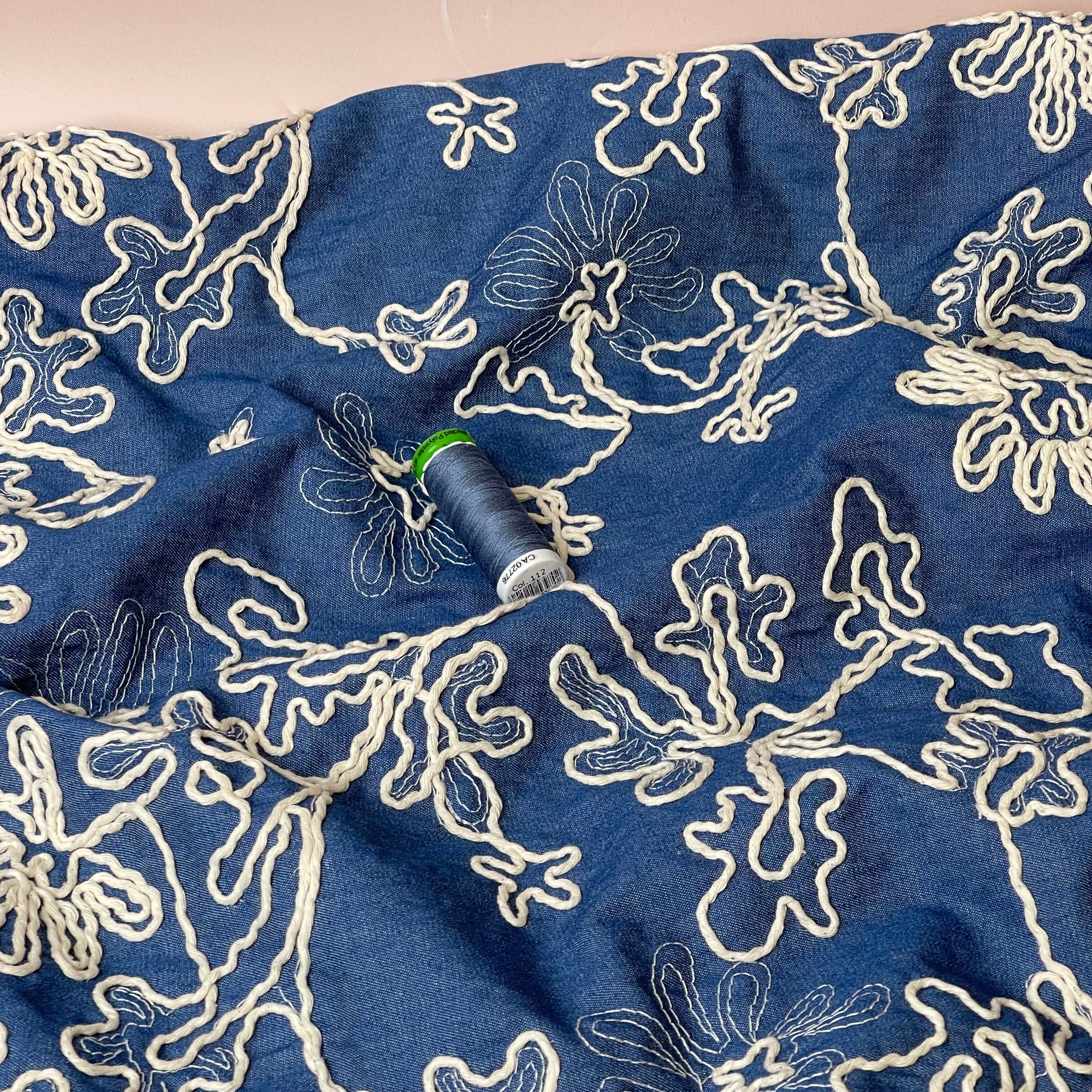 Denim with Embroidered Flowers Cotton Fabric
