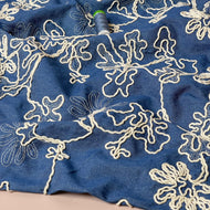 Denim with Embroidered Flowers Cotton Fabric