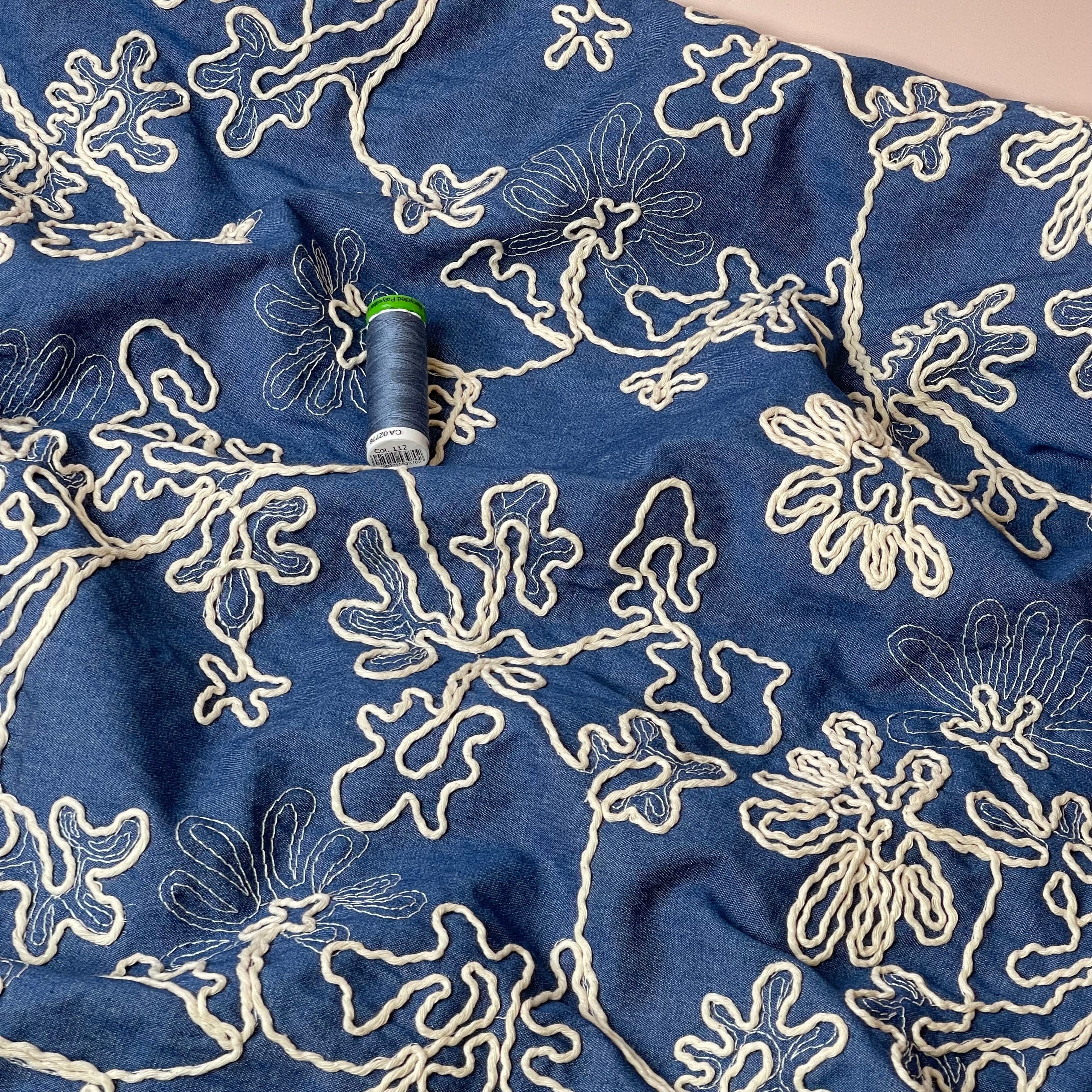 Denim with Embroidered Flowers Cotton Fabric