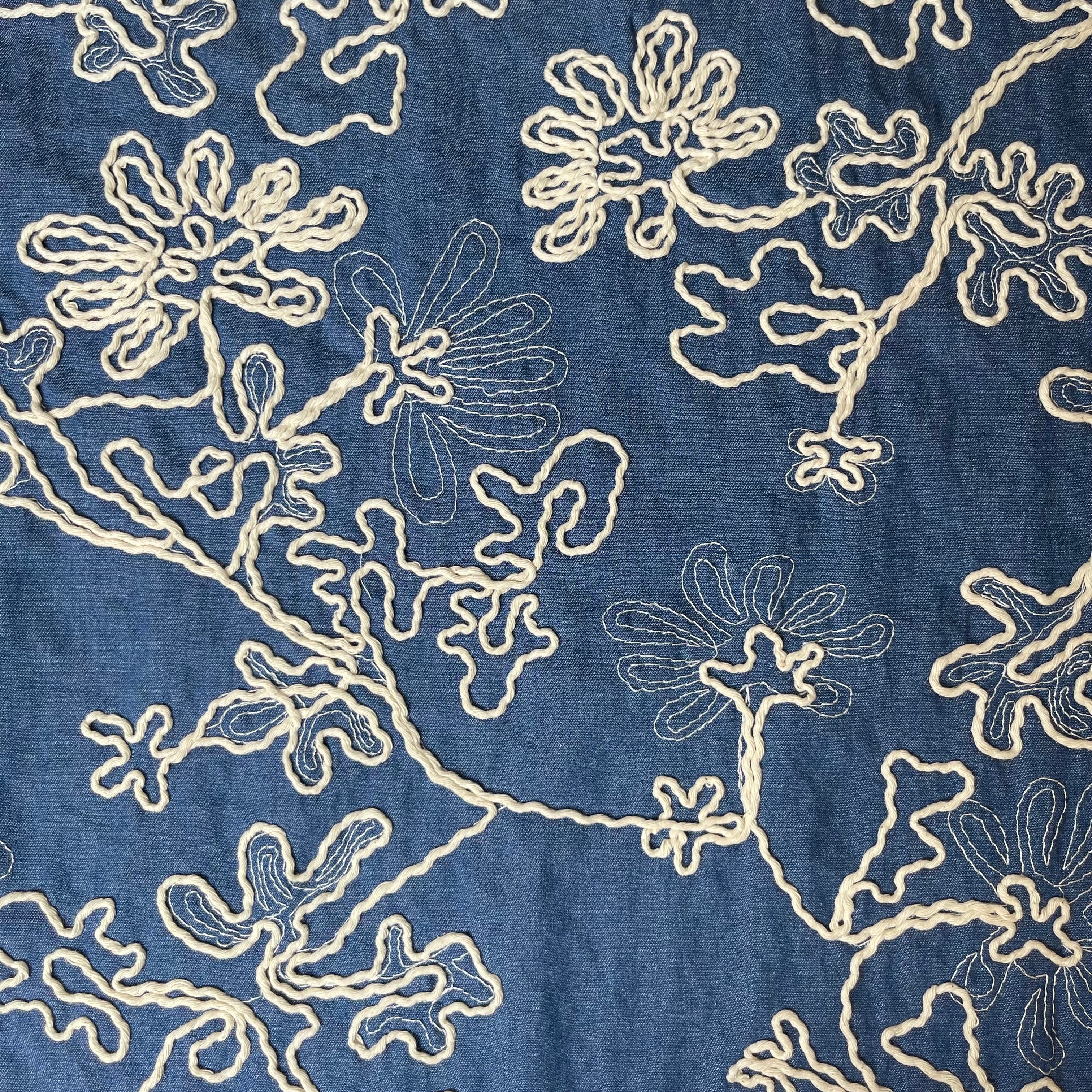 Denim with Embroidered Flowers Cotton Fabric