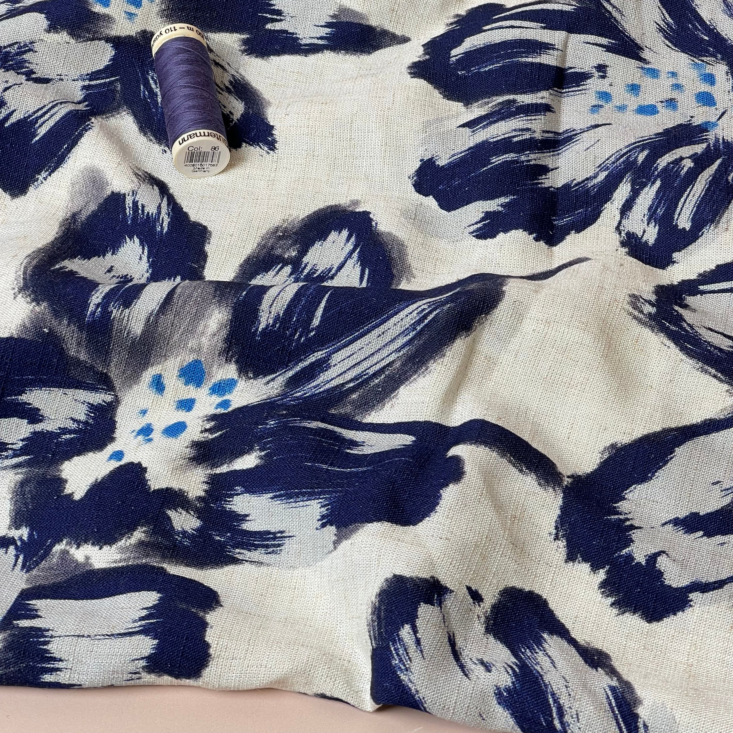 Large Navy Flowers Viscose Linen Fabric